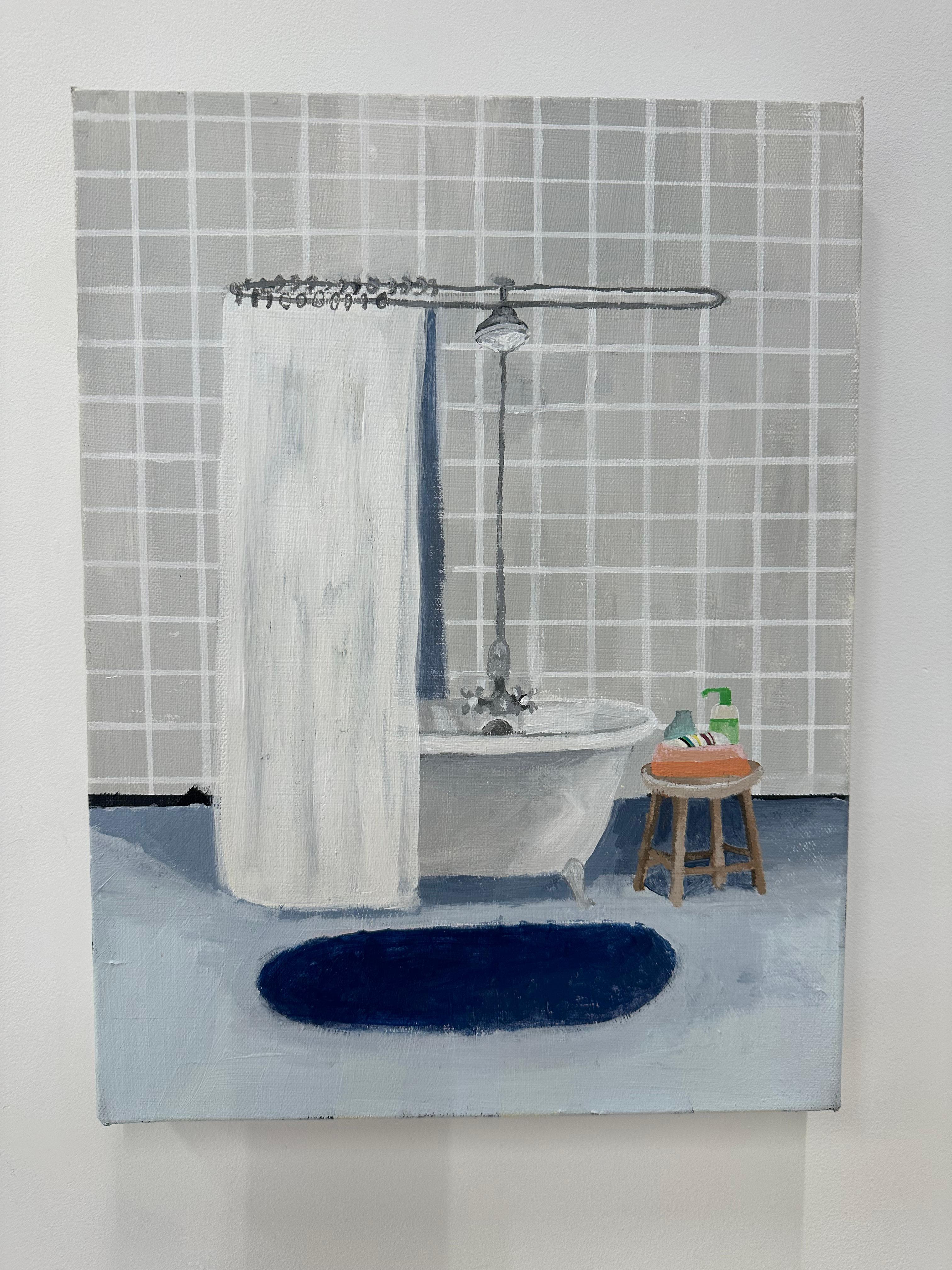 Graues Kachel-Bad, Badezimmer innen mit Kacheln, grüner Seife, kobaltblauer Teppich – Painting von Polly Shindler