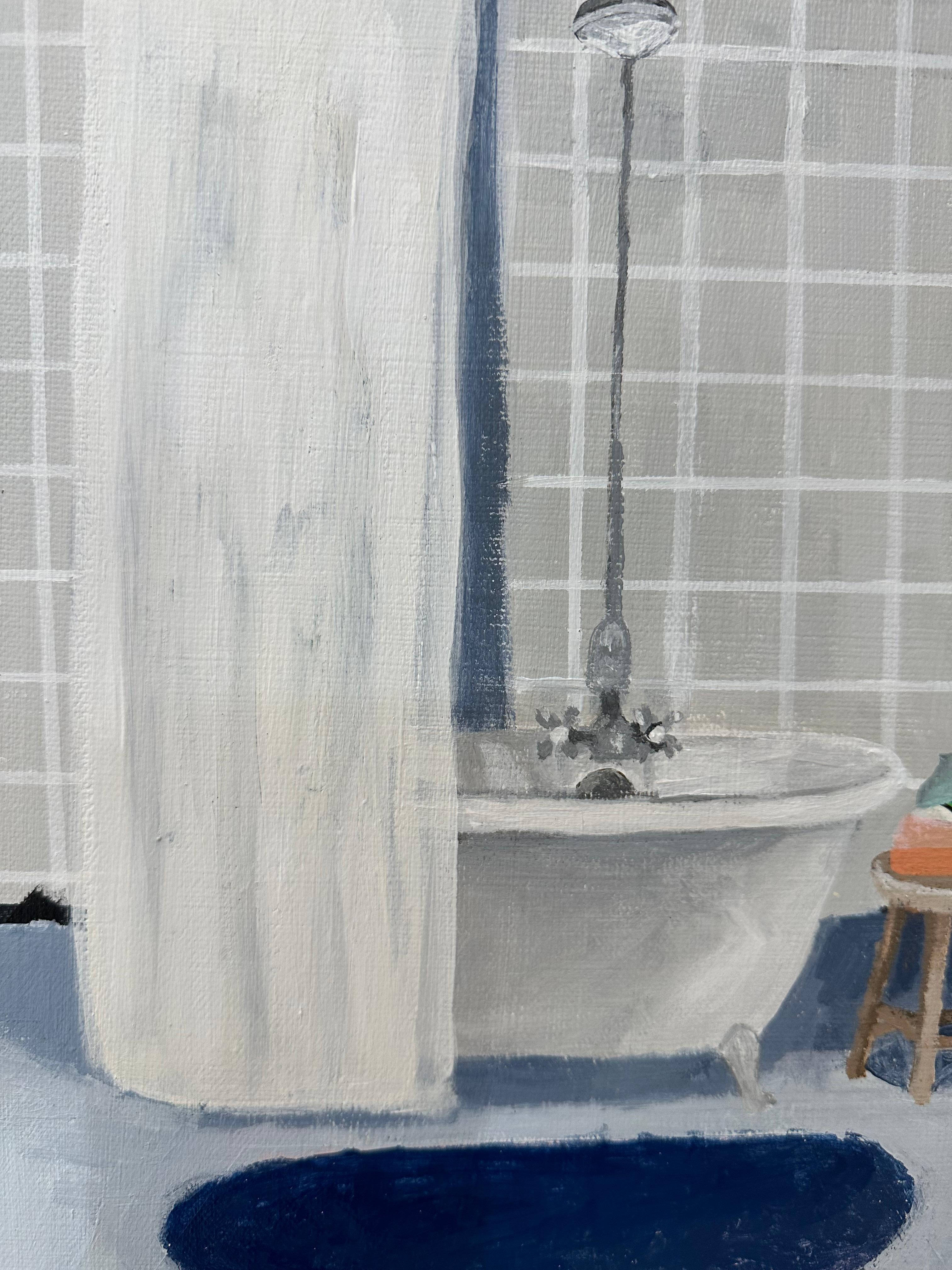 Gray Tiled Bathroom, Bath Interior, Green Soap, Cobalt Blue Rug - Contemporary Painting by Polly Shindler