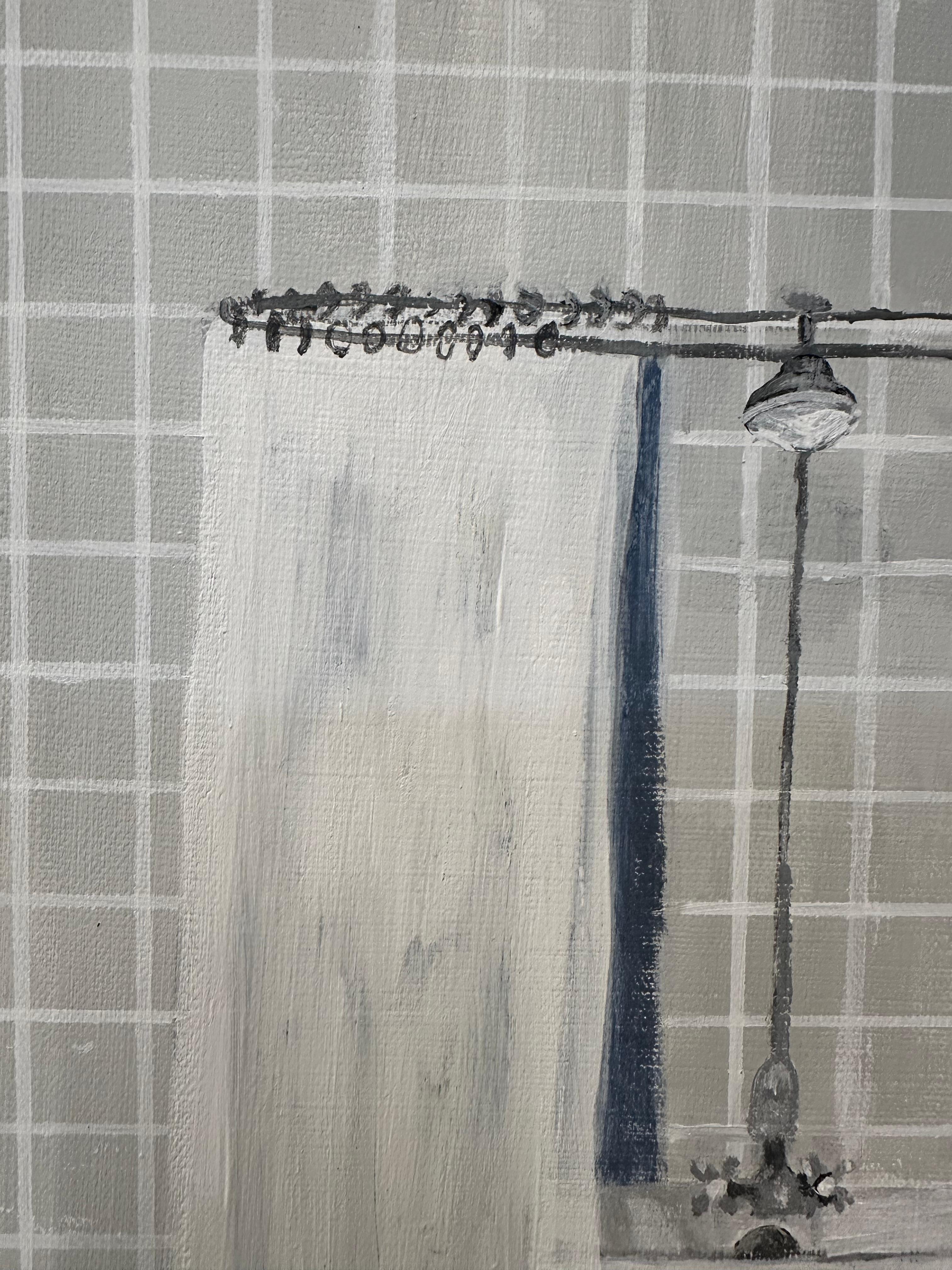 Gray Tiled Bathroom, Bath Interior, Green Soap, Cobalt Blue Rug For Sale 1