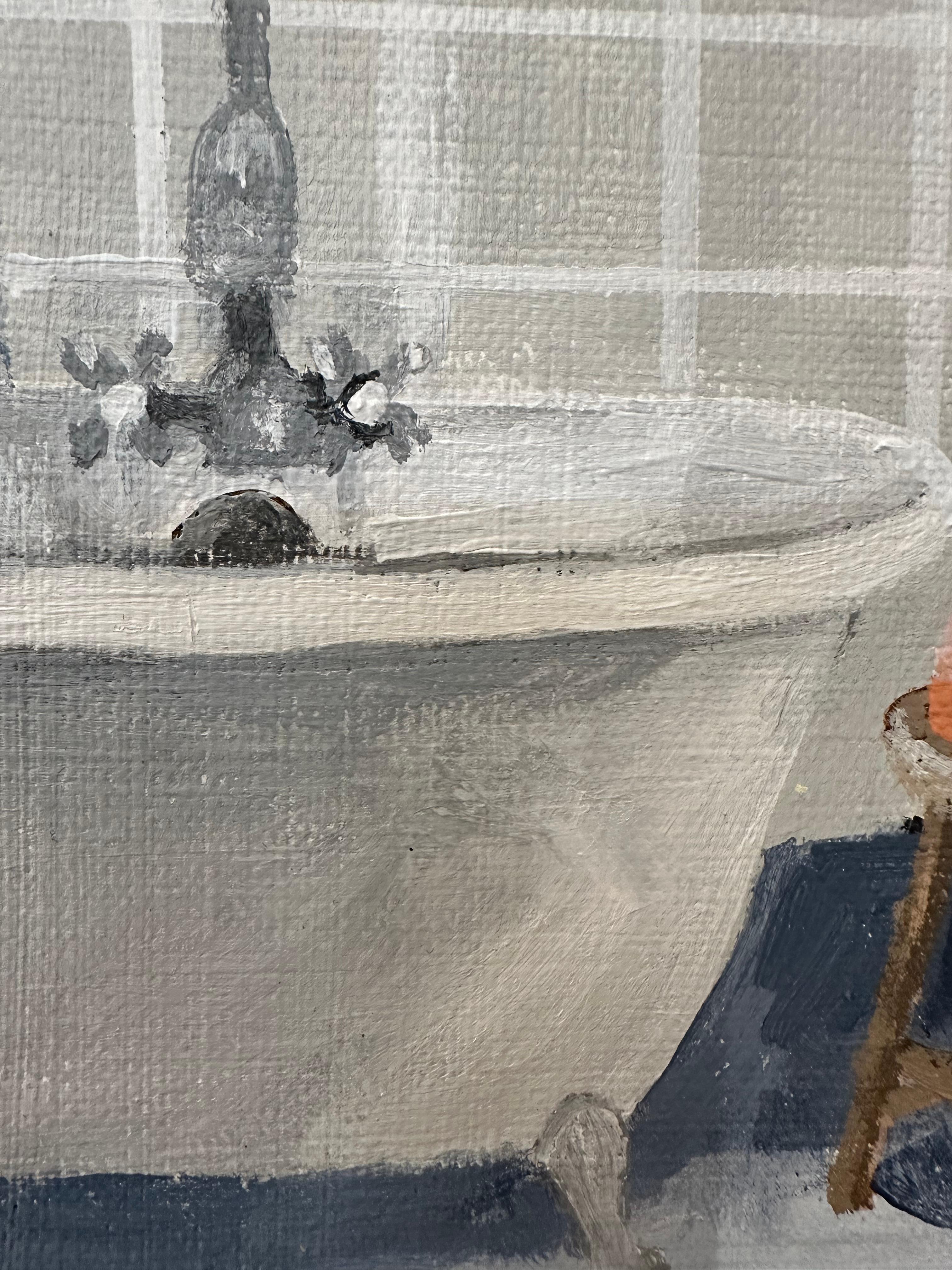 Gray Tiled Bathroom, Bath Interior, Green Soap, Cobalt Blue Rug For Sale 3
