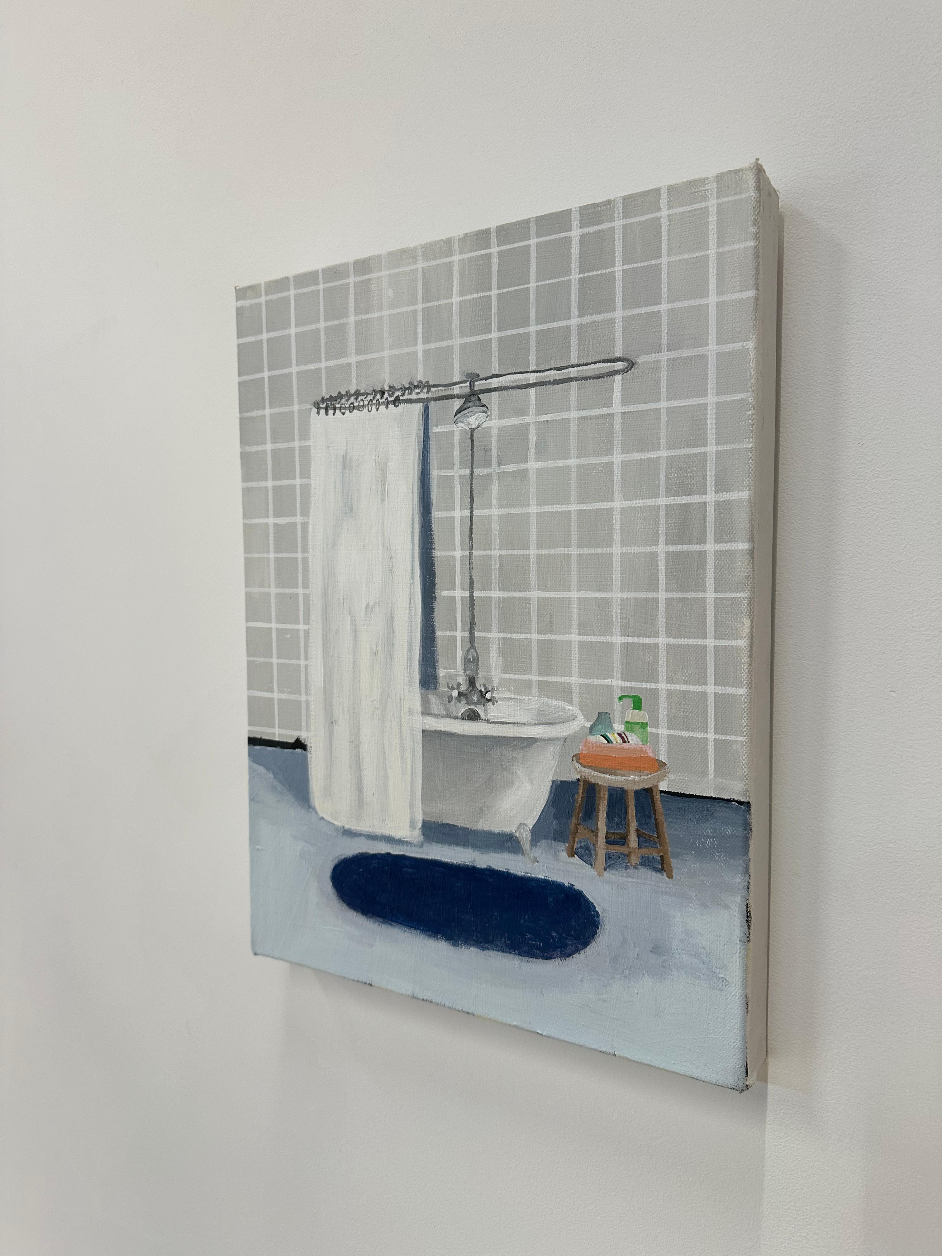 Gray Tiled Bathroom, Bath Interior, Green Soap, Cobalt Blue Rug For Sale 5