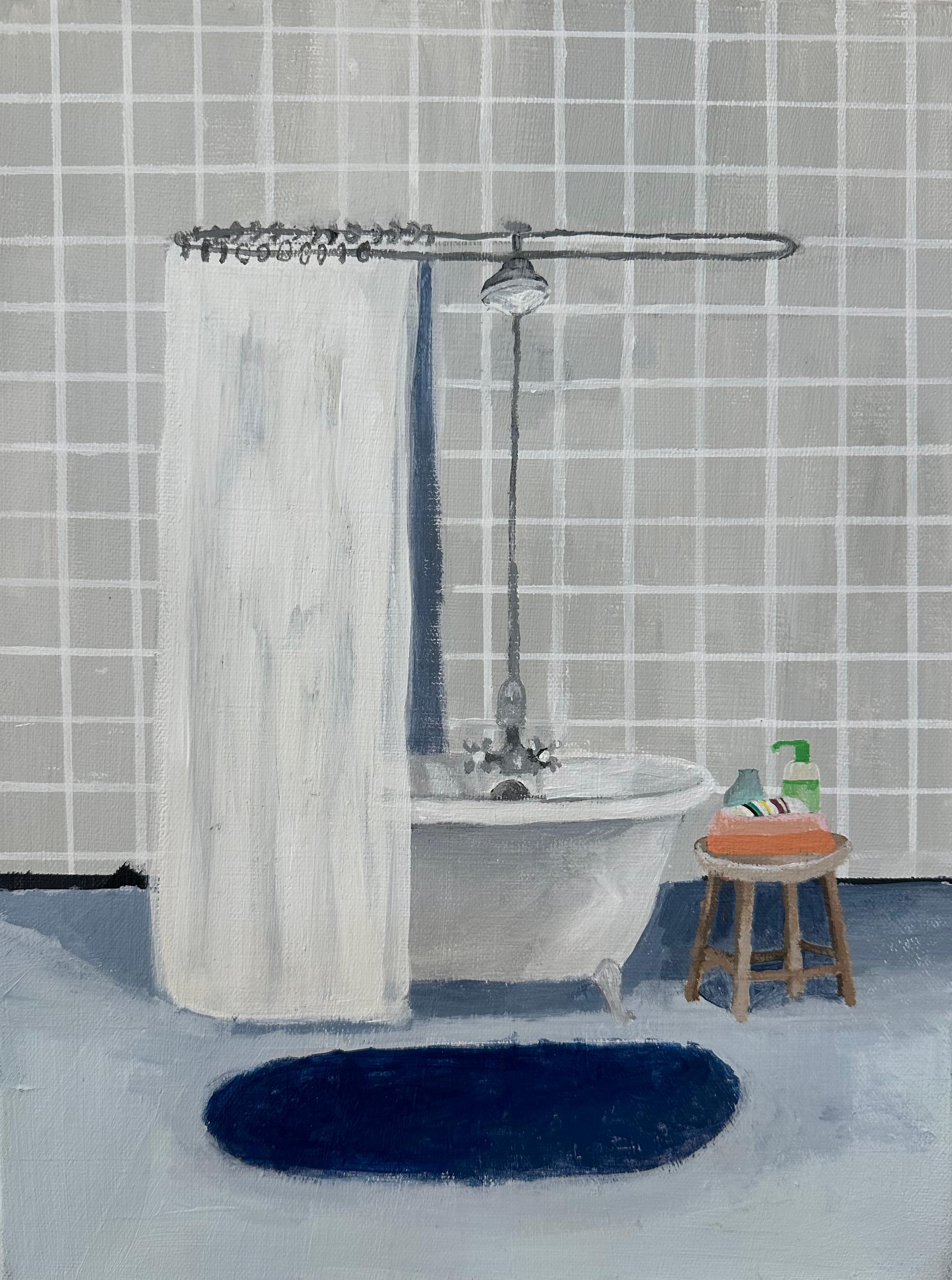 Polly Shindler Interior Painting – Graues Kachel-Bad, Badezimmer innen mit Kacheln, grüner Seife, kobaltblauer Teppich