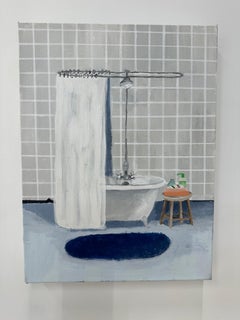 Gray Tiled Bathroom - Contemporary Bath Interior Soap Blue Rug Tub, 2020
