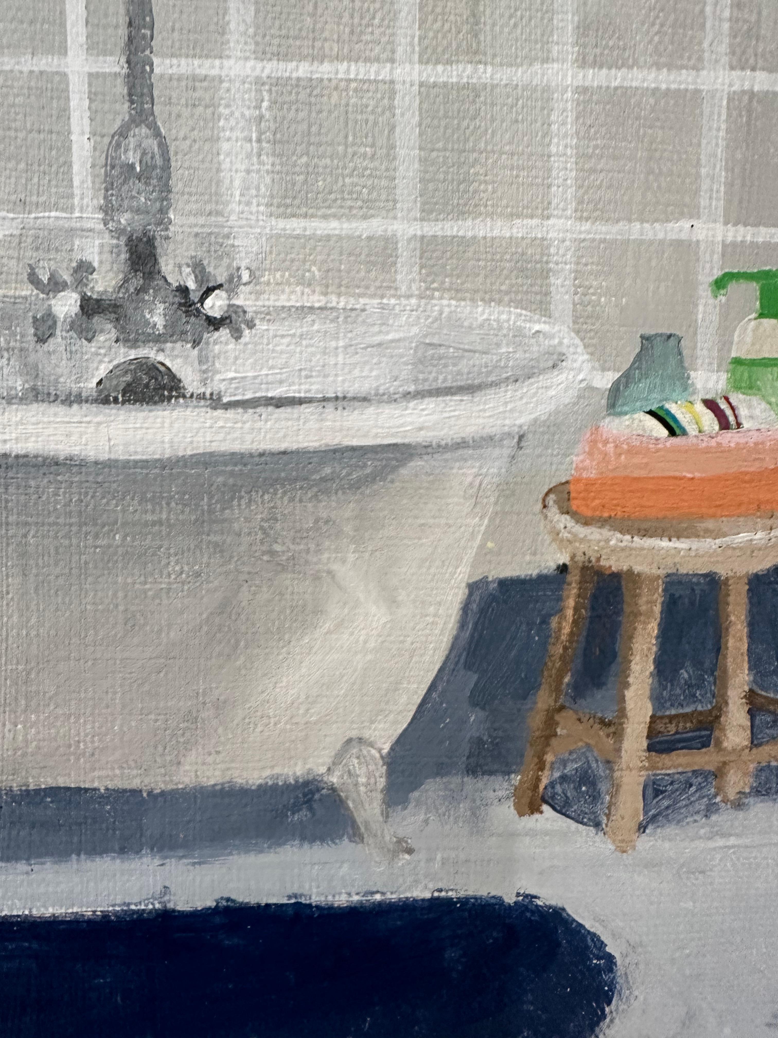 Cuarto de baño alicatado gris - Interior de baño contemporáneo Jabón Alfombra azul Bañera, 2020 en venta 1