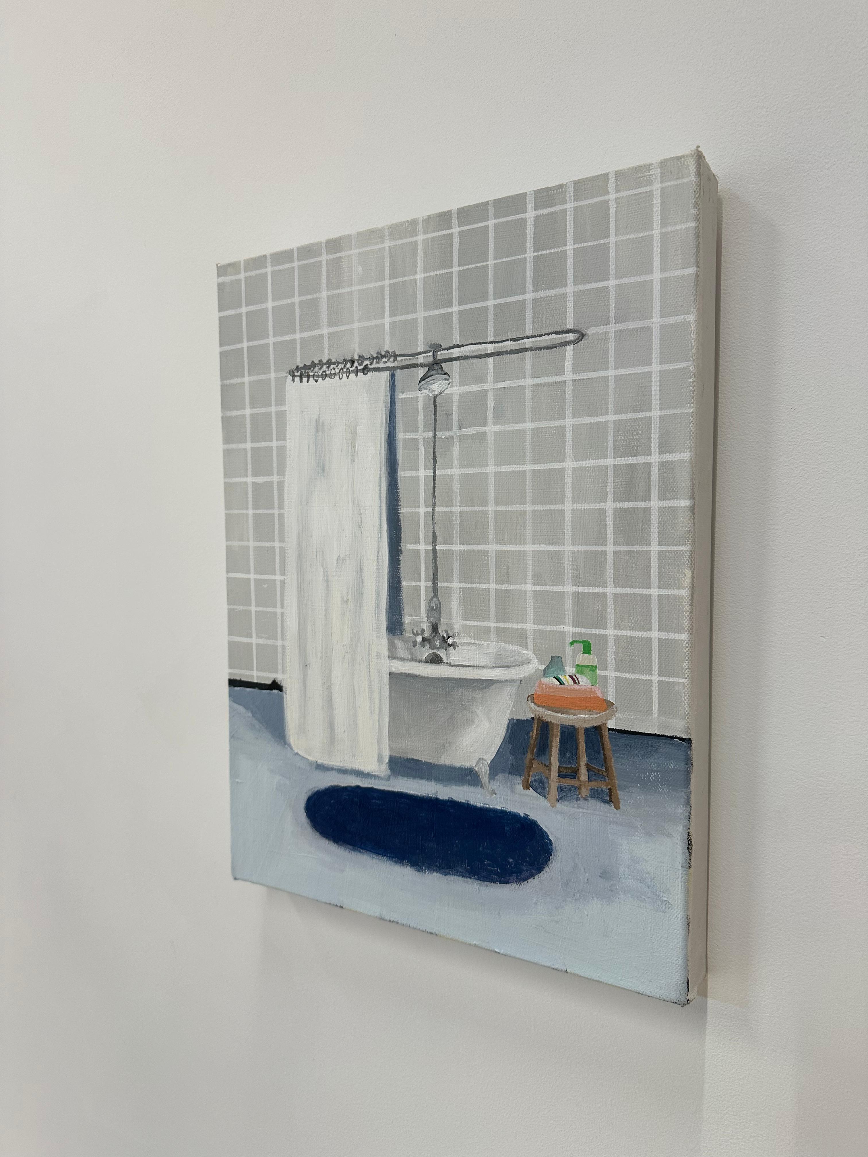 Cuarto de baño alicatado gris - Interior de baño contemporáneo Jabón Alfombra azul Bañera, 2020 en venta 4