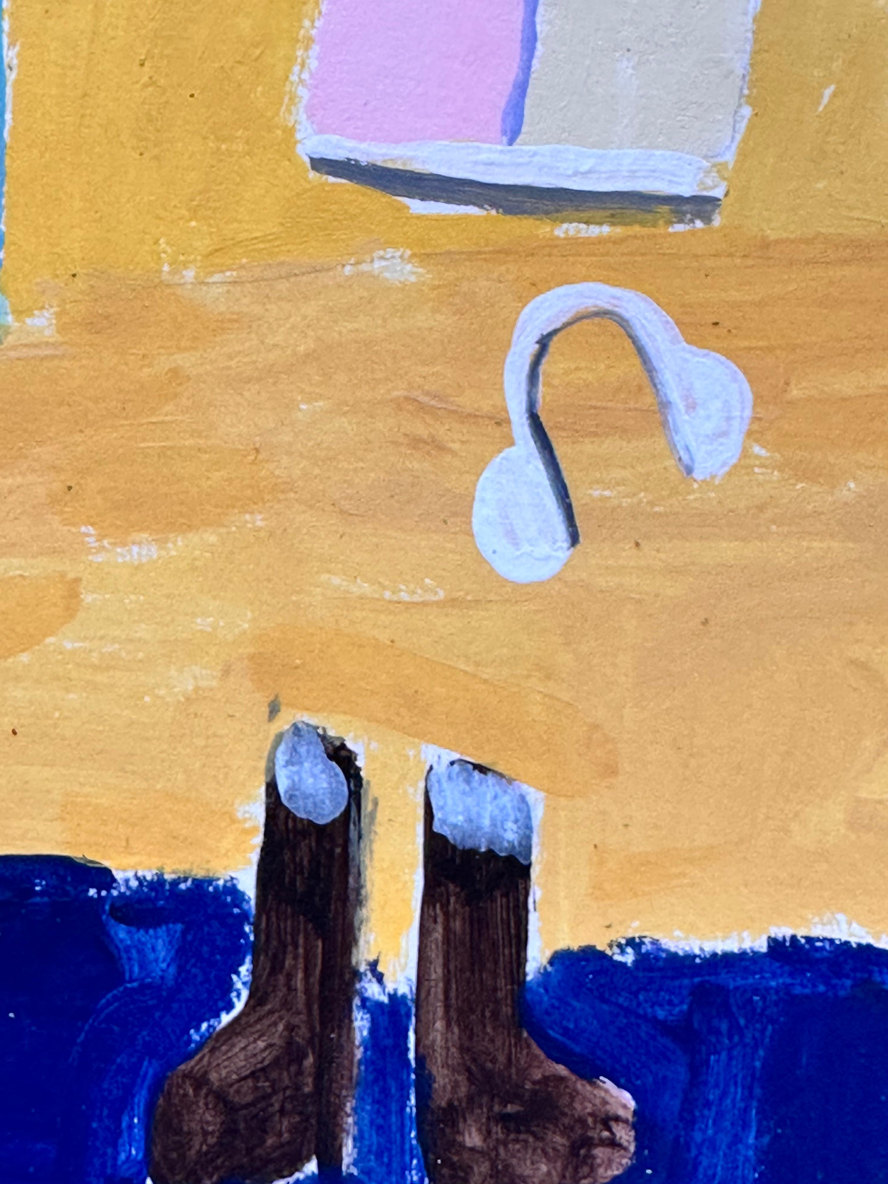 Faire ses valises pour un voyage - Vêtements de chambre contemporains sur lit jaune, 2025 - Jaune Interior Painting par Polly Shindler