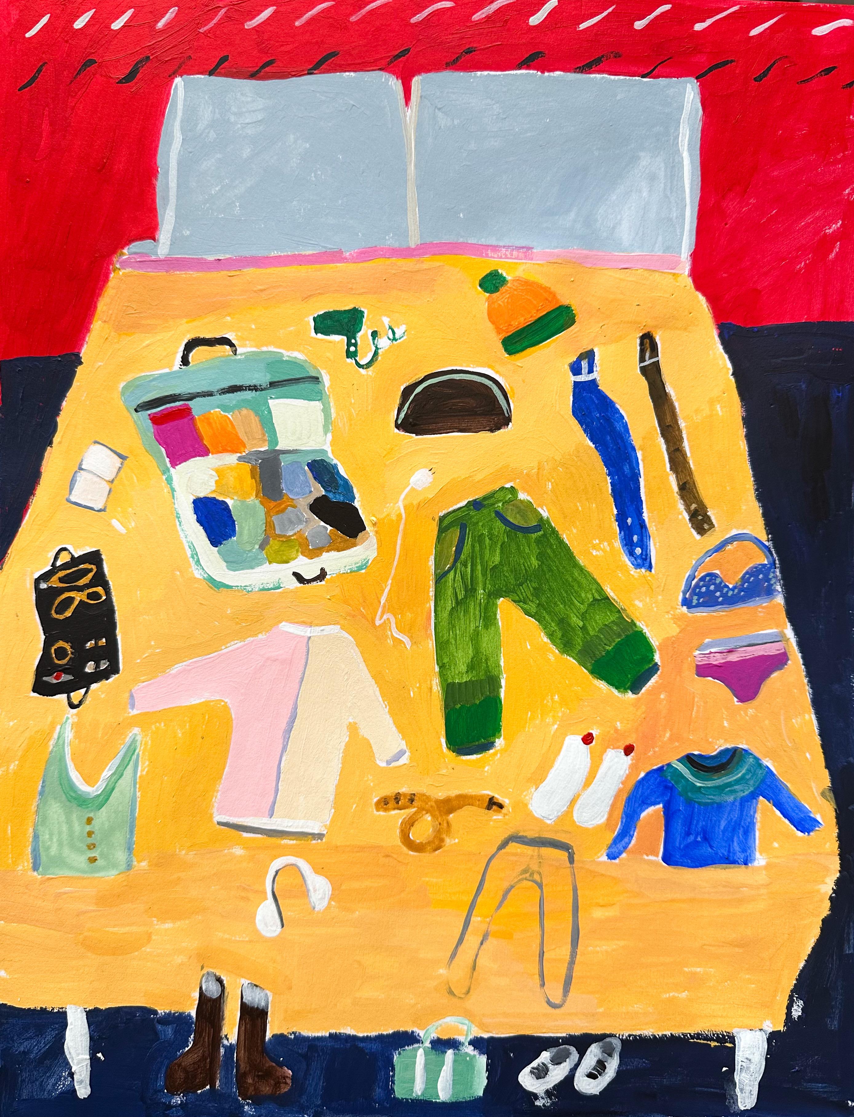 Packen für eine Reise - Contemporary Bedroom Clothes on Yellow Bed, 2025
