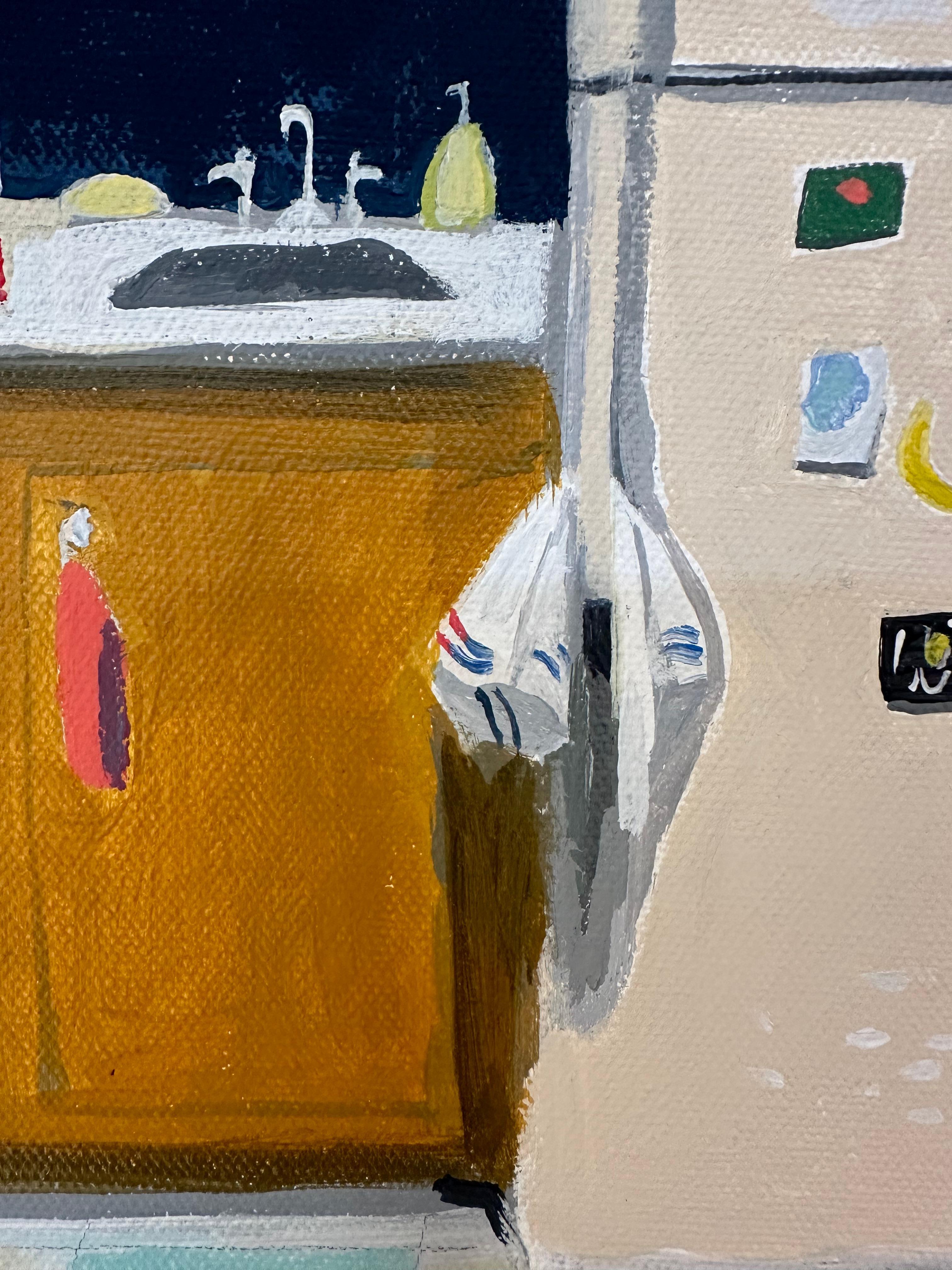 Peach Refrigerator - Kitchen Interior Painting Yellow Cabinets Tiled Floor, 2021 For Sale 4