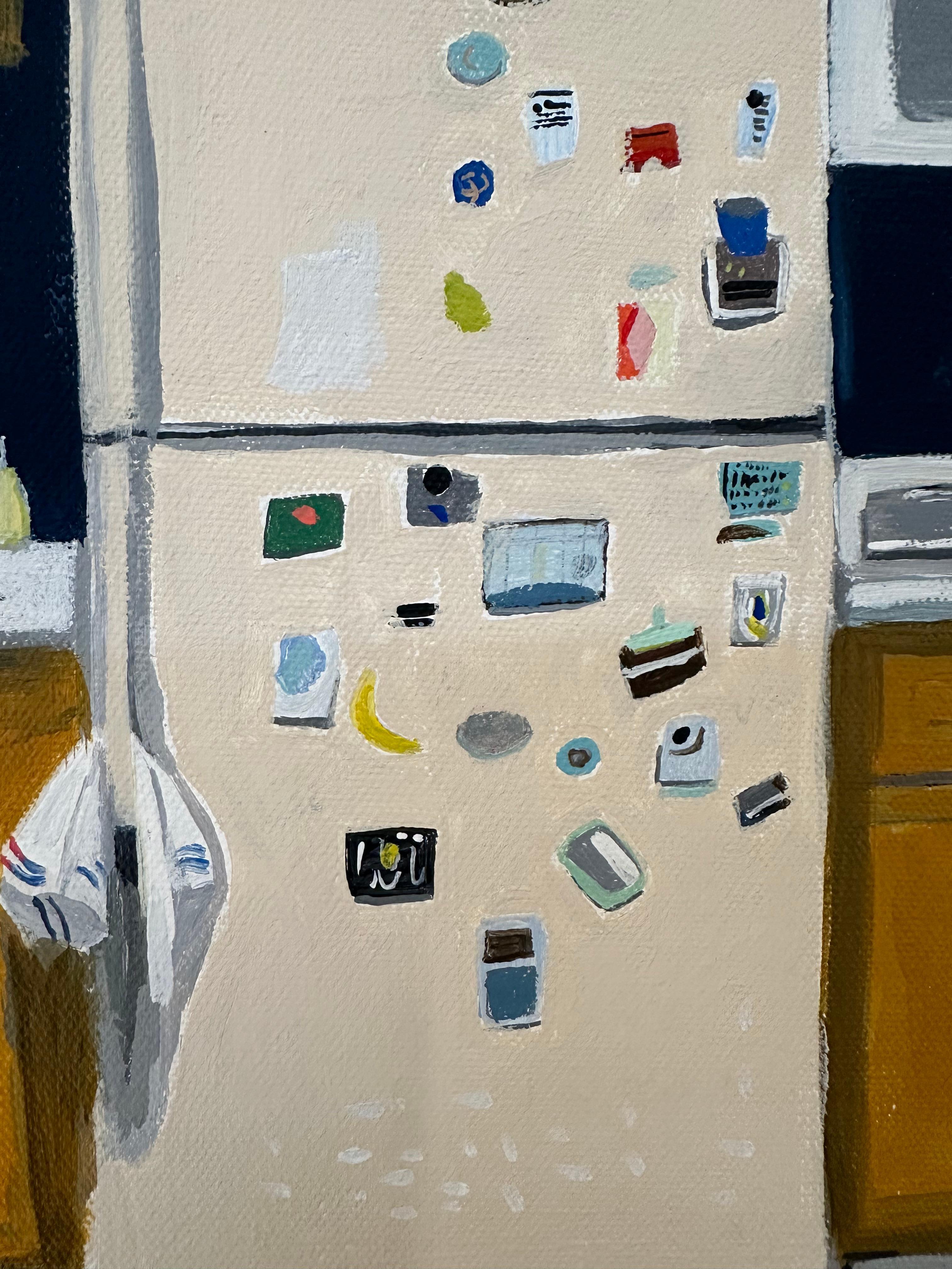 Peach Refrigerator - Kitchen Interior Painting Yellow Cabinets Tiled Floor, 2021 For Sale 5