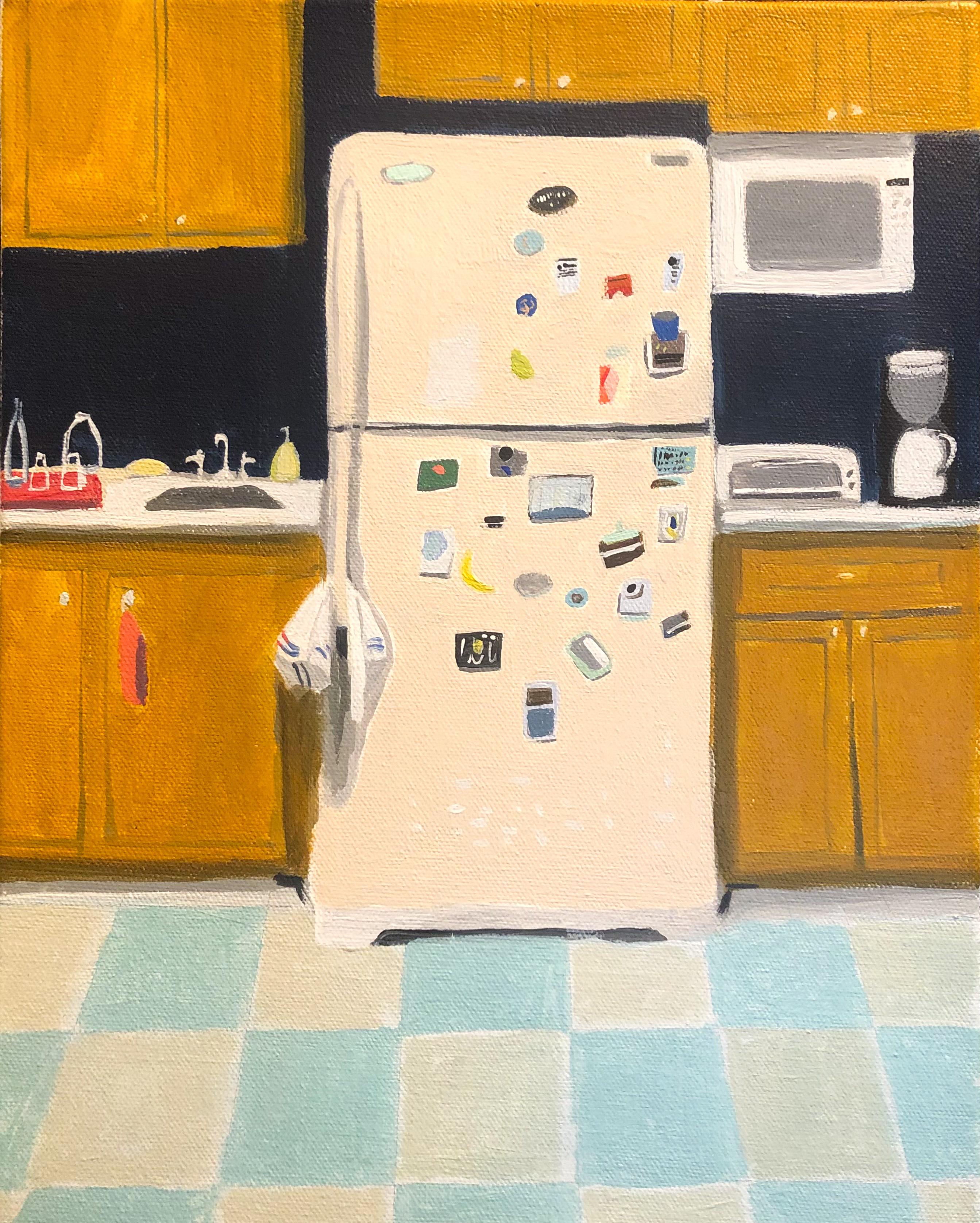 Polly Shindler Interior Painting – Pfirsichfarbener Reflektor, Kücheninterieur, gelbe Holzschränke, Kachelboden