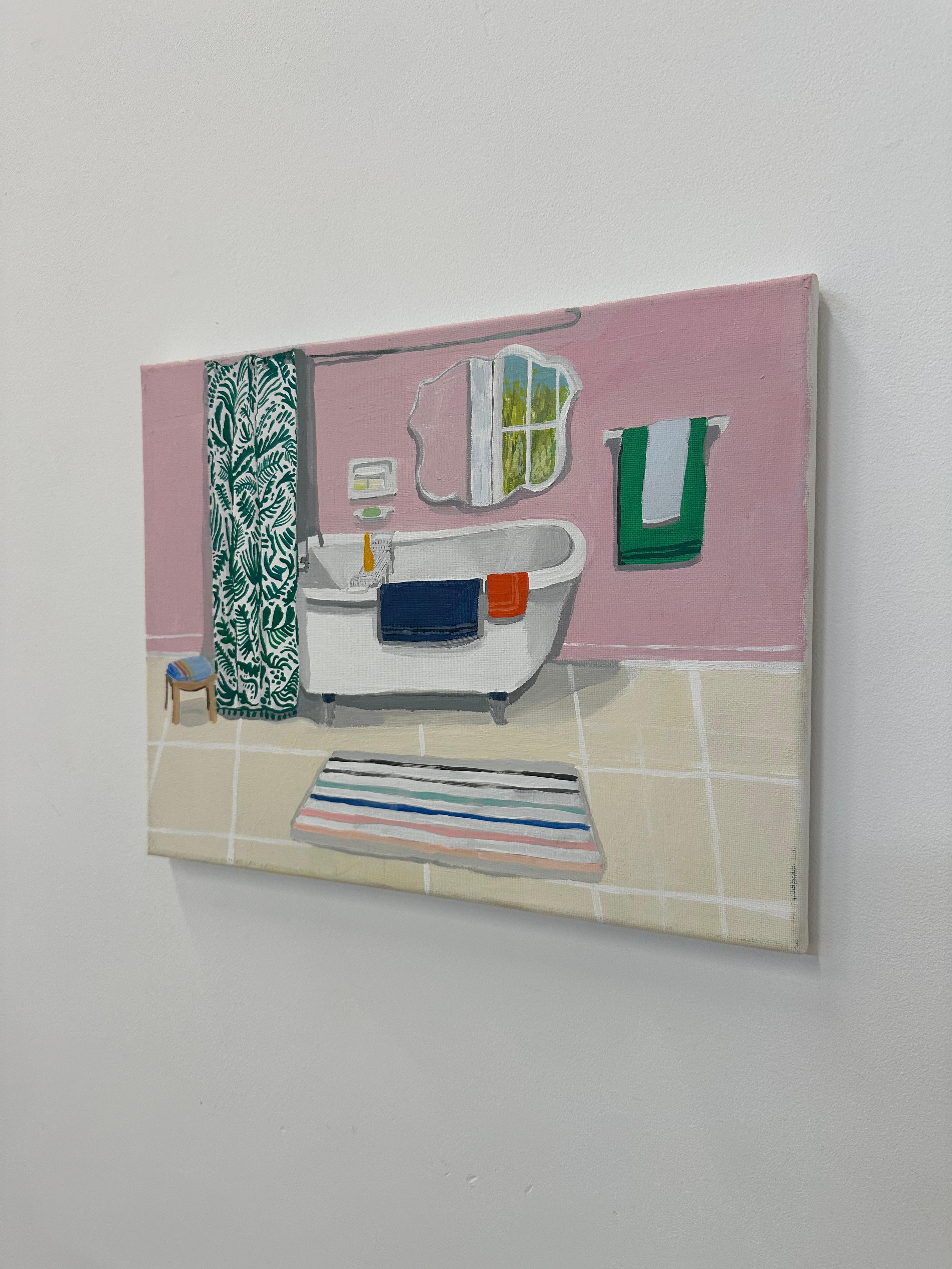 Pink Bathroom with Clawfoot Tub, Bath Interior, Pink, Striped Rug, Green Pattern 5