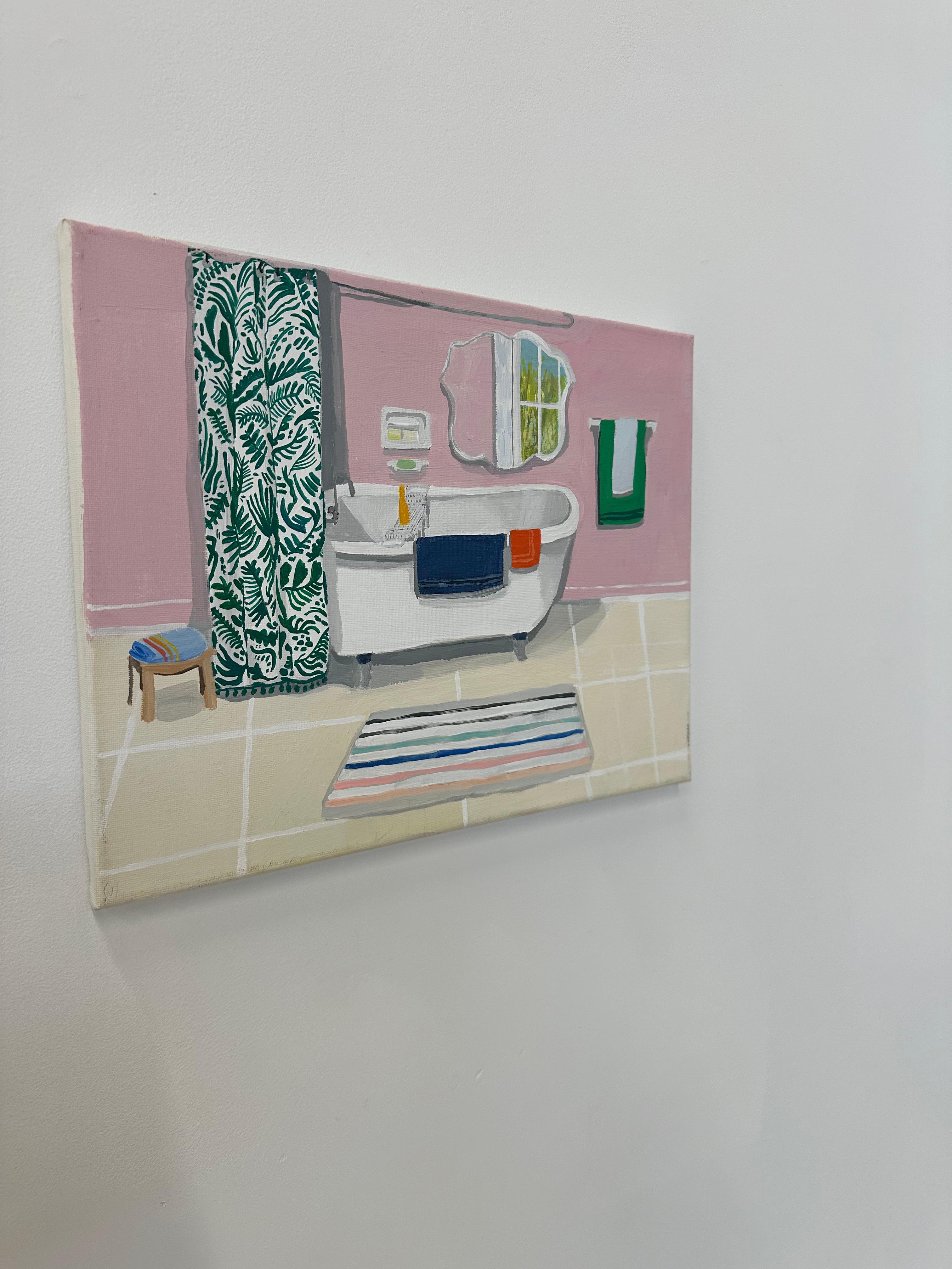 Pink Bathroom with Clawfoot Tub, Bath Interior, Pink, Striped Rug, Green Pattern - Contemporary Painting by Polly Shindler