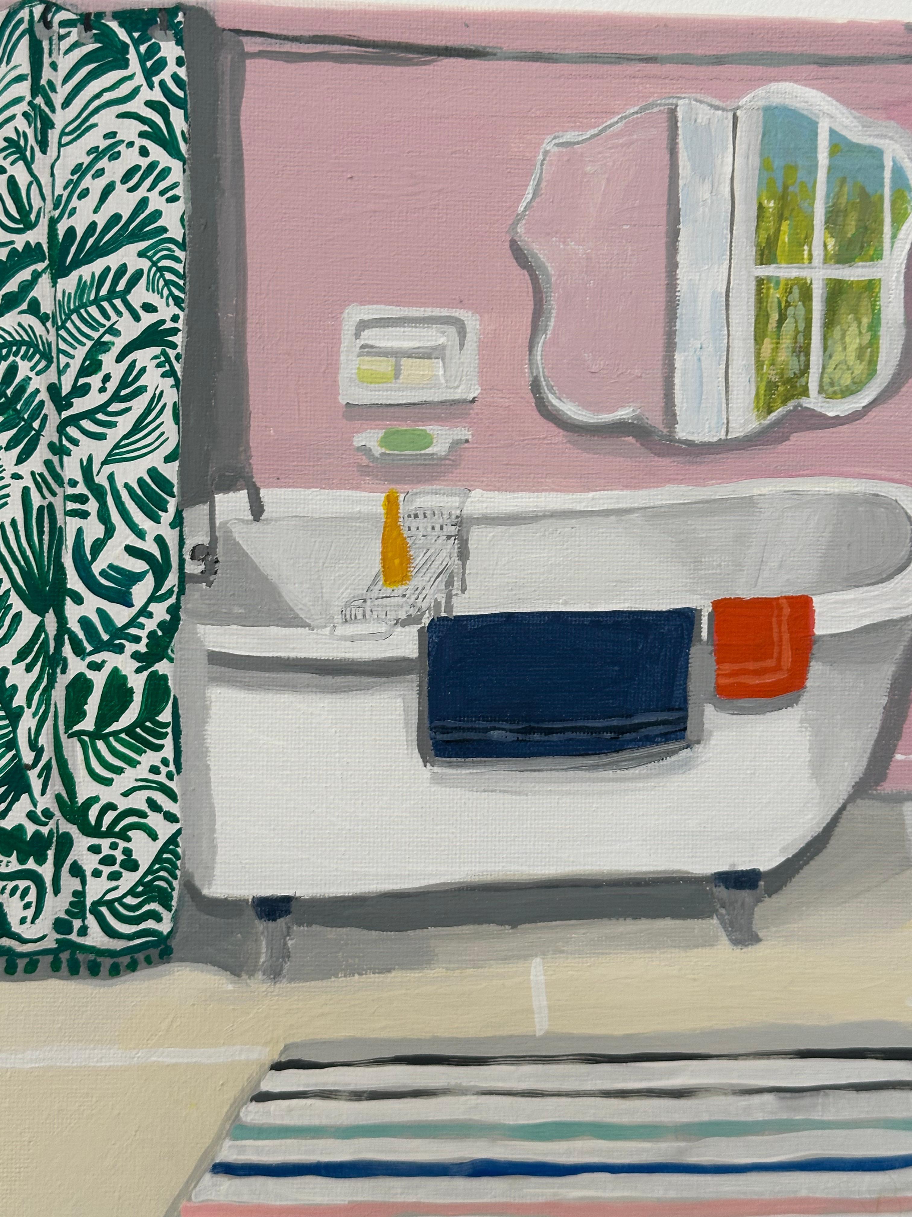 A clawfoot tub stands in a pink bathroom with a green botanical pattern shower curtain. A colorful striped bathmat is a cheerful accent to a yellow tile floor.

In her work, Polly Shindler is always thinking about the psychology of a place. Ideas