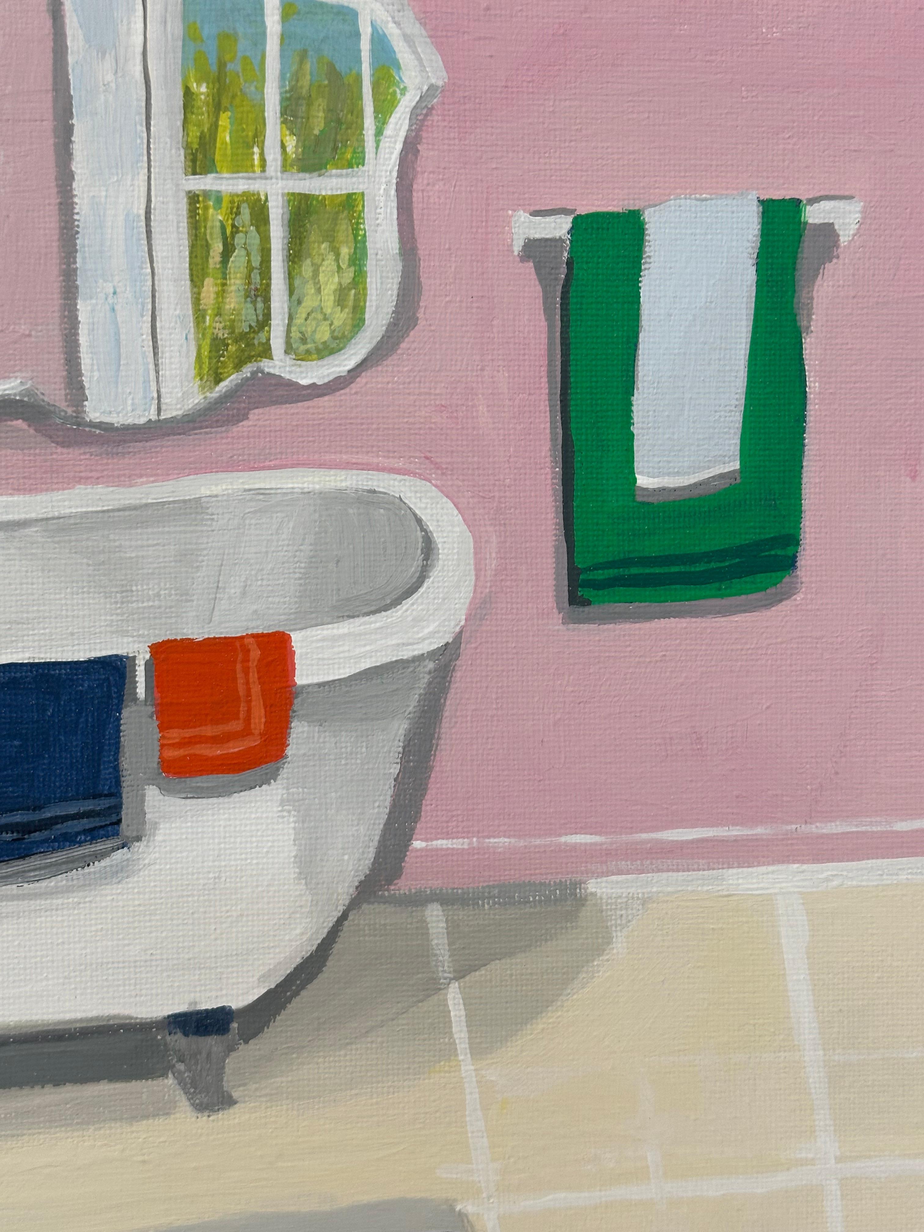 Pink Bathroom with Clawfoot Tub, Bath Interior, Pink, Striped Rug, Green Pattern 4