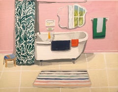 Cheminée rose avec baignoire à pieds griffes, intérieur de salle de bains, tapis rayé rose, motif vert