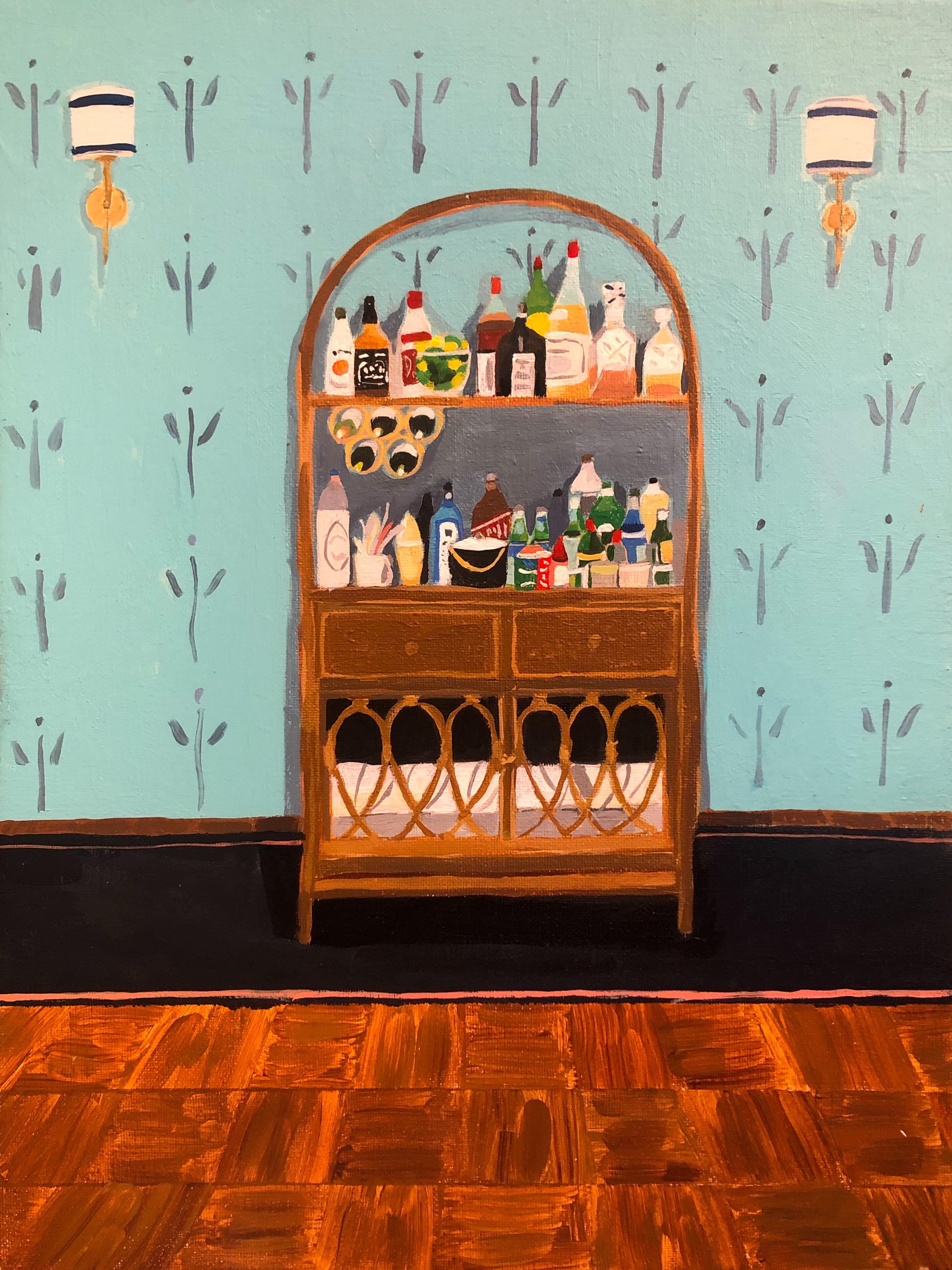 Polly Shindler Interior Painting – Wicker Bar - Zeitgenössisches Innenregal Flaschen mit blauem Muster Tapete, 2022