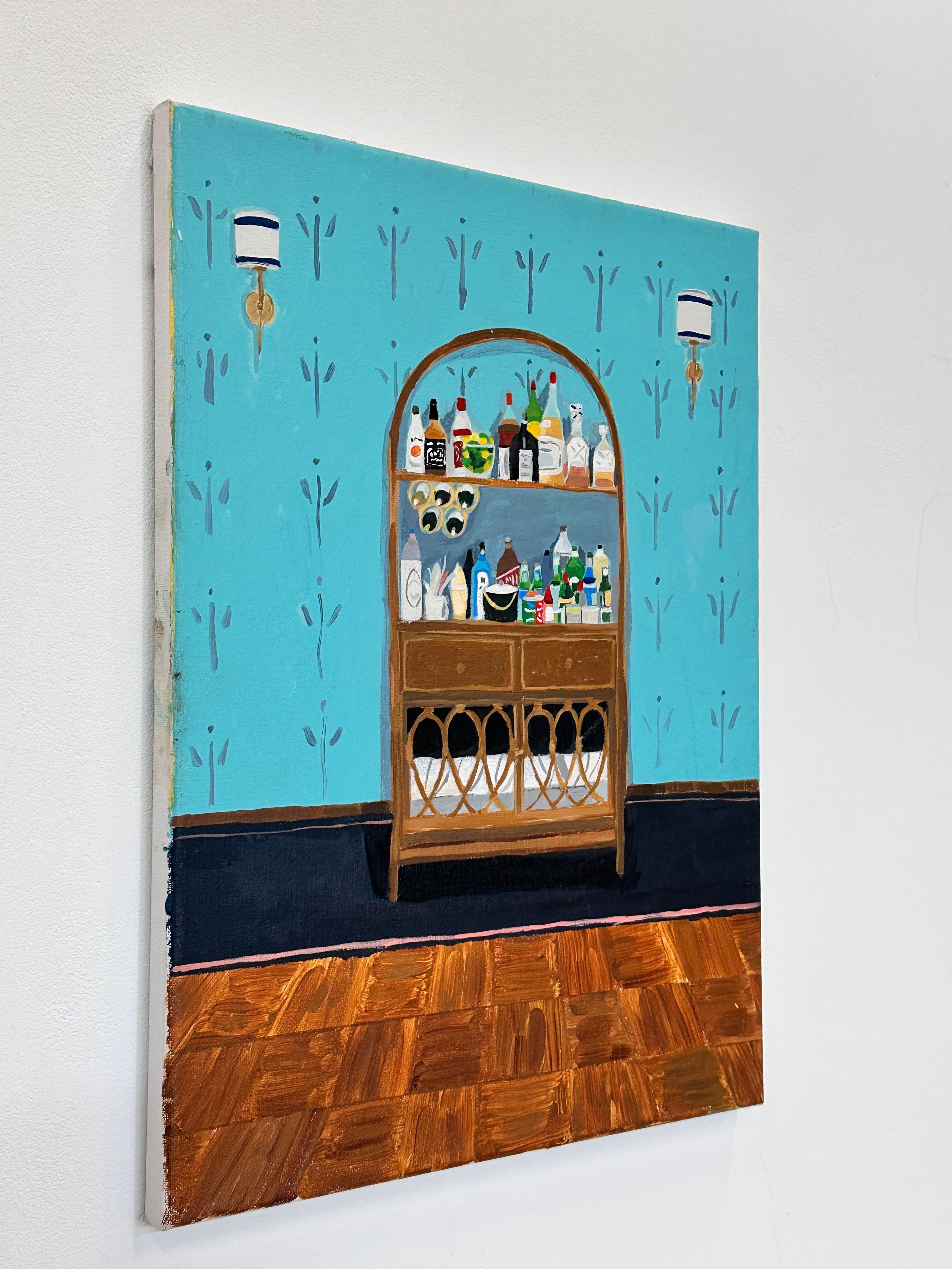 Bar en osier - Intérieur contemporain Etagère Bouteilles Papier peint bleu clair, 2022 en vente 6