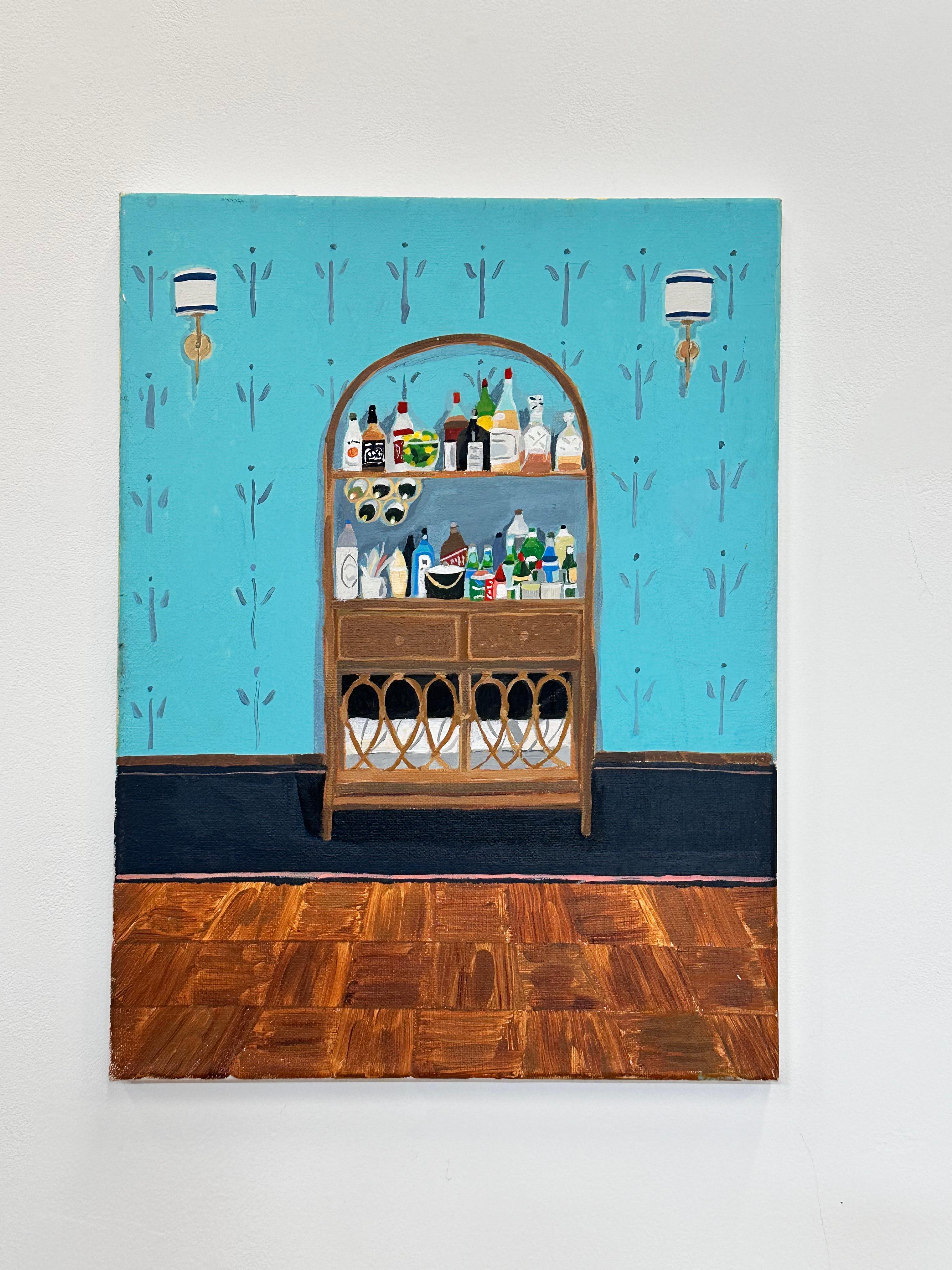 Bar en osier - Intérieur contemporain Etagère Bouteilles Papier peint bleu clair, 2022 - Painting de Polly Shindler