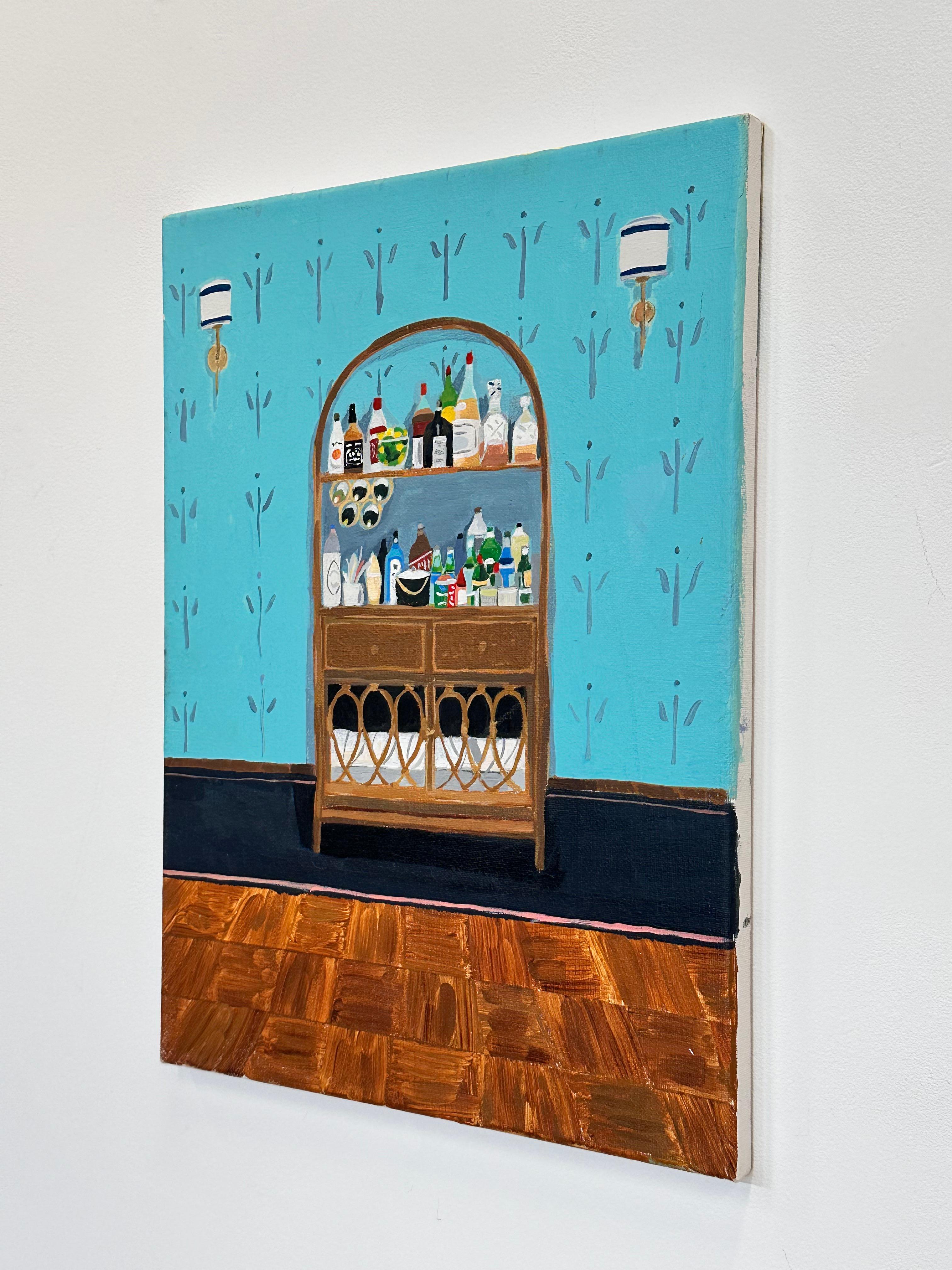 Bar en osier - Intérieur contemporain Etagère Bouteilles Papier peint bleu clair, 2022 - Contemporain Painting par Polly Shindler