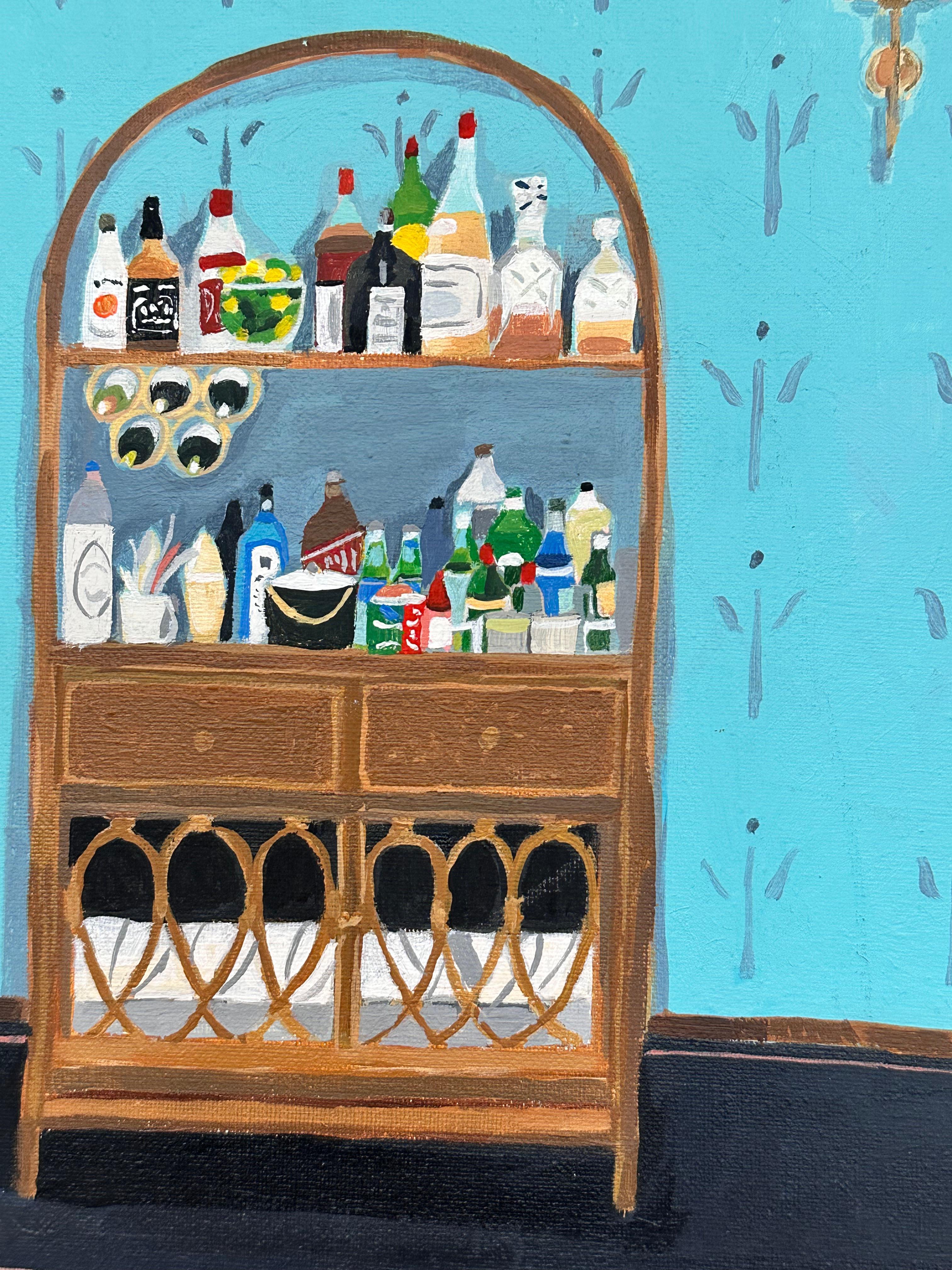 Bar en osier - Intérieur contemporain Etagère Bouteilles Papier peint bleu clair, 2022 - Marron Interior Painting par Polly Shindler