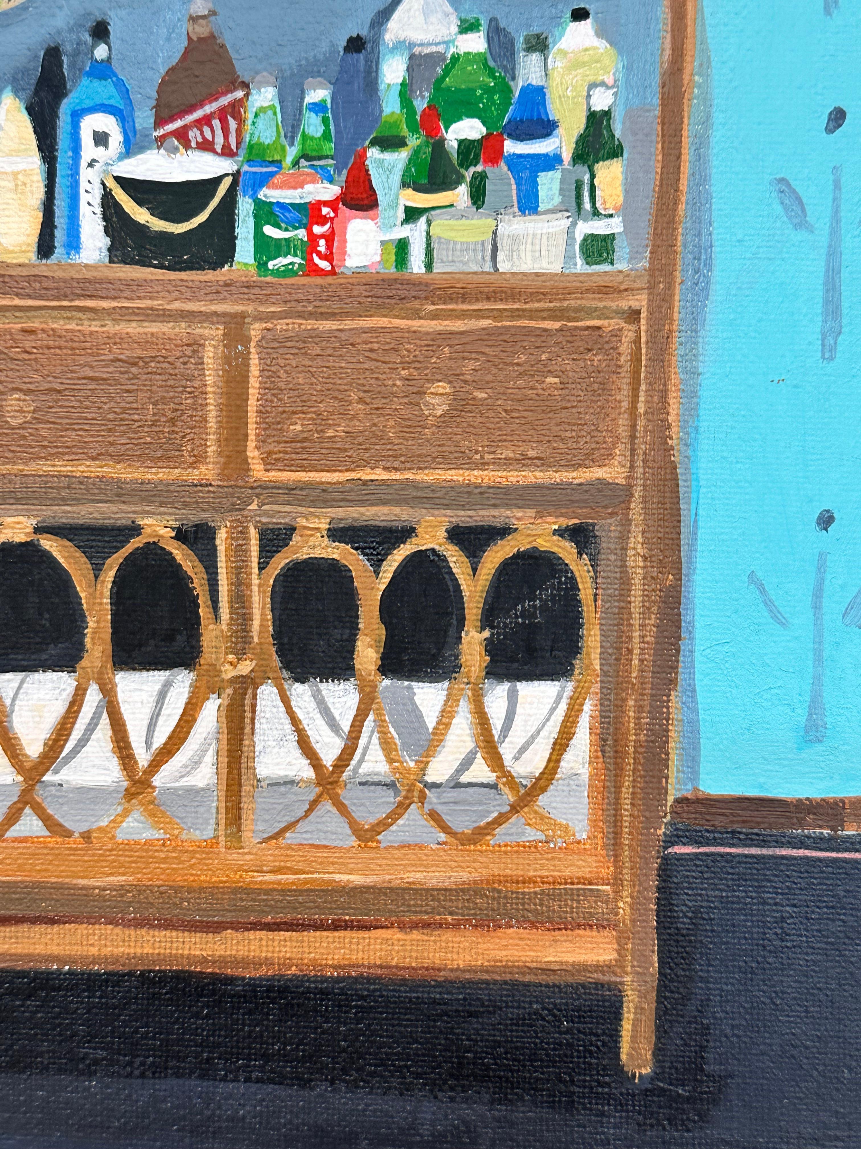 Bar en osier - Intérieur contemporain Etagère Bouteilles Papier peint bleu clair, 2022 en vente 1
