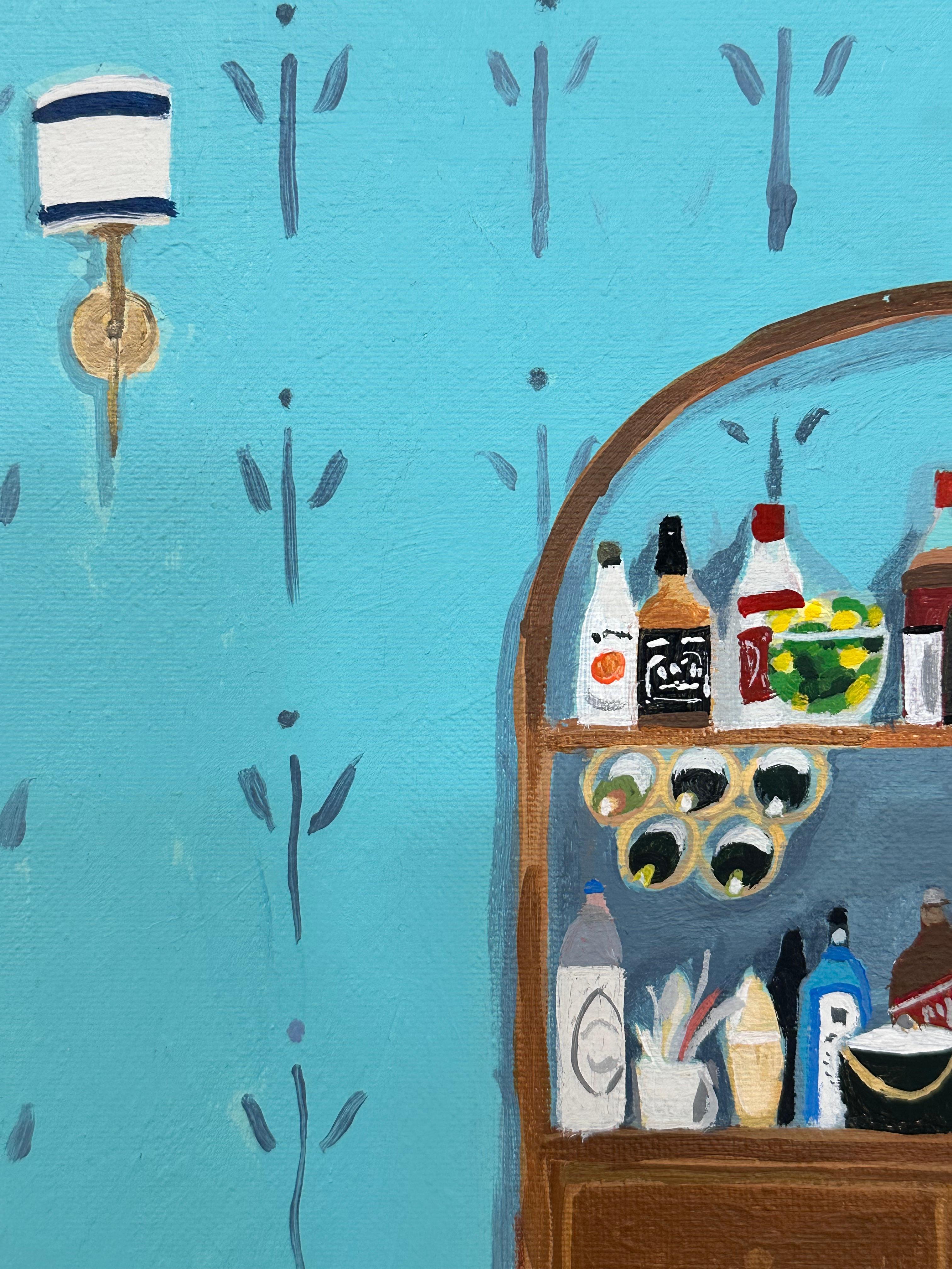 Bar en osier - Intérieur contemporain Etagère Bouteilles Papier peint bleu clair, 2022 en vente 2
