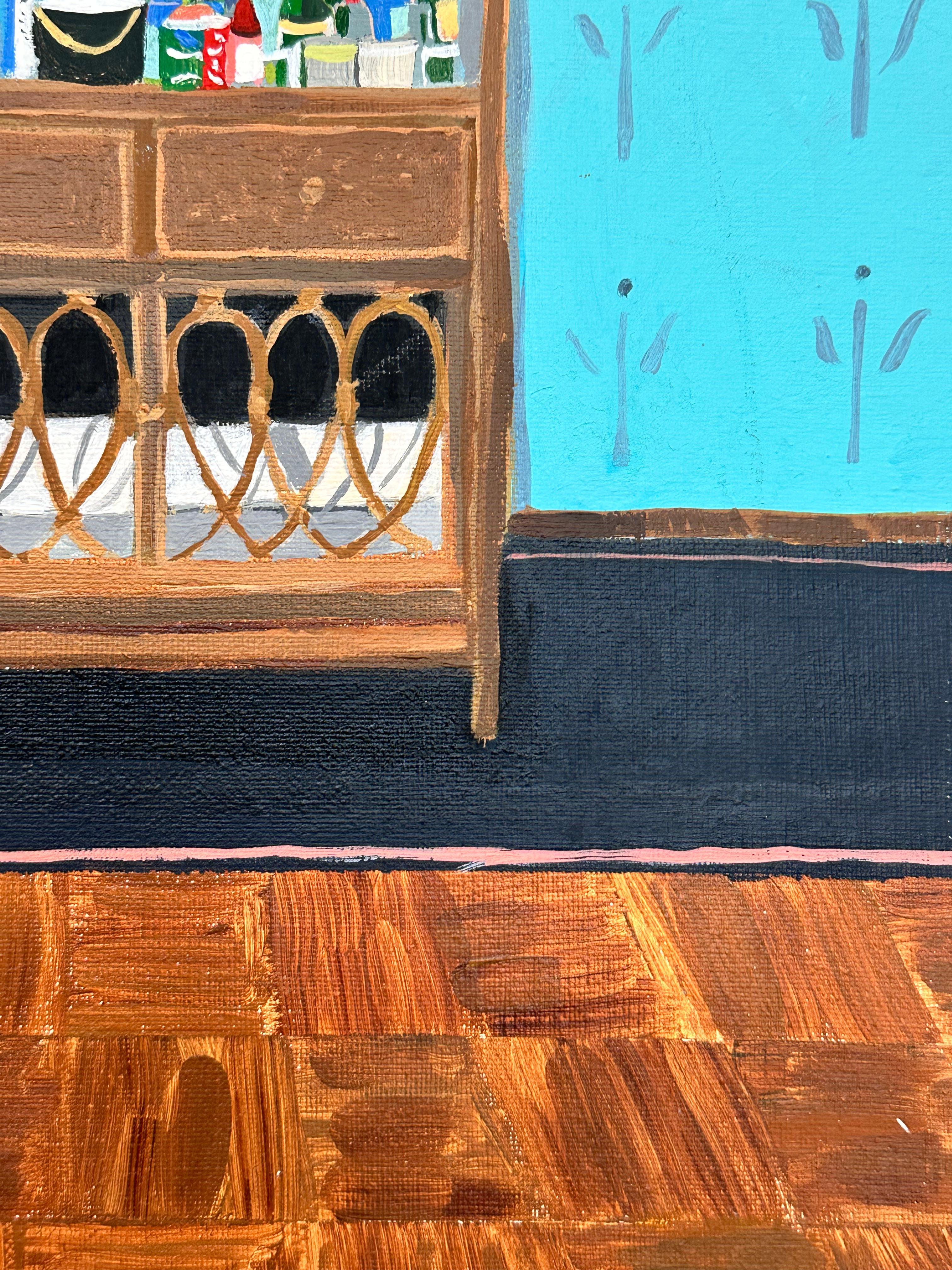 Bar en osier - Intérieur contemporain Etagère Bouteilles Papier peint bleu clair, 2022 en vente 3