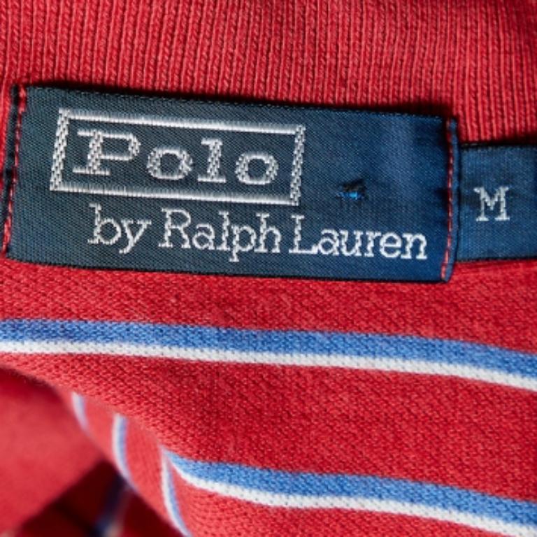 Men's Polo by Ralph Lauren Red Striped Cotton Polo T-Shirt M For Sale