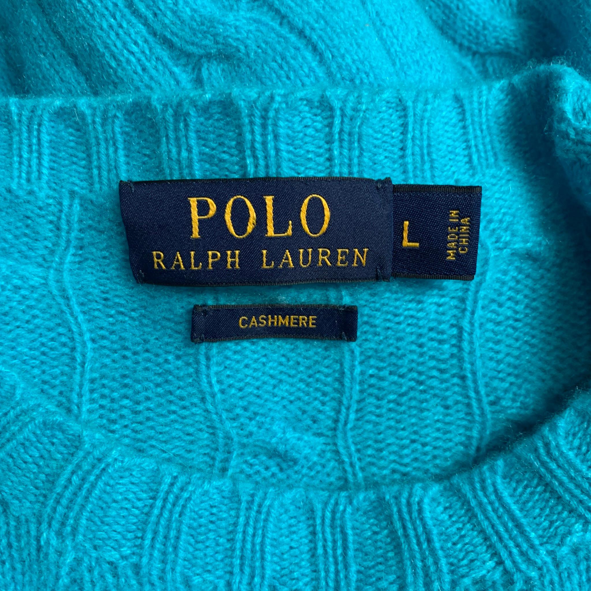 Blue POLO by RALPH LAUREN Size L Aqua Cashmere Cable Knit Pullover
