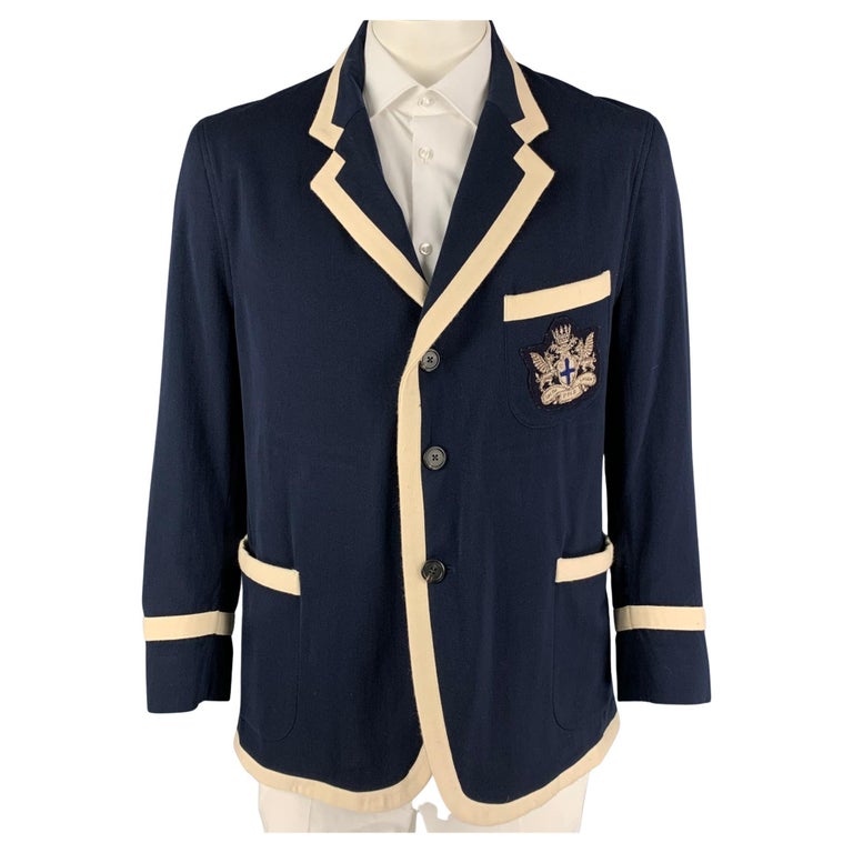 POLO by RALPH LAUREN Size L Navy Cream Embroidery Wool Cotton Sport Coat  For Sale at 1stDibs