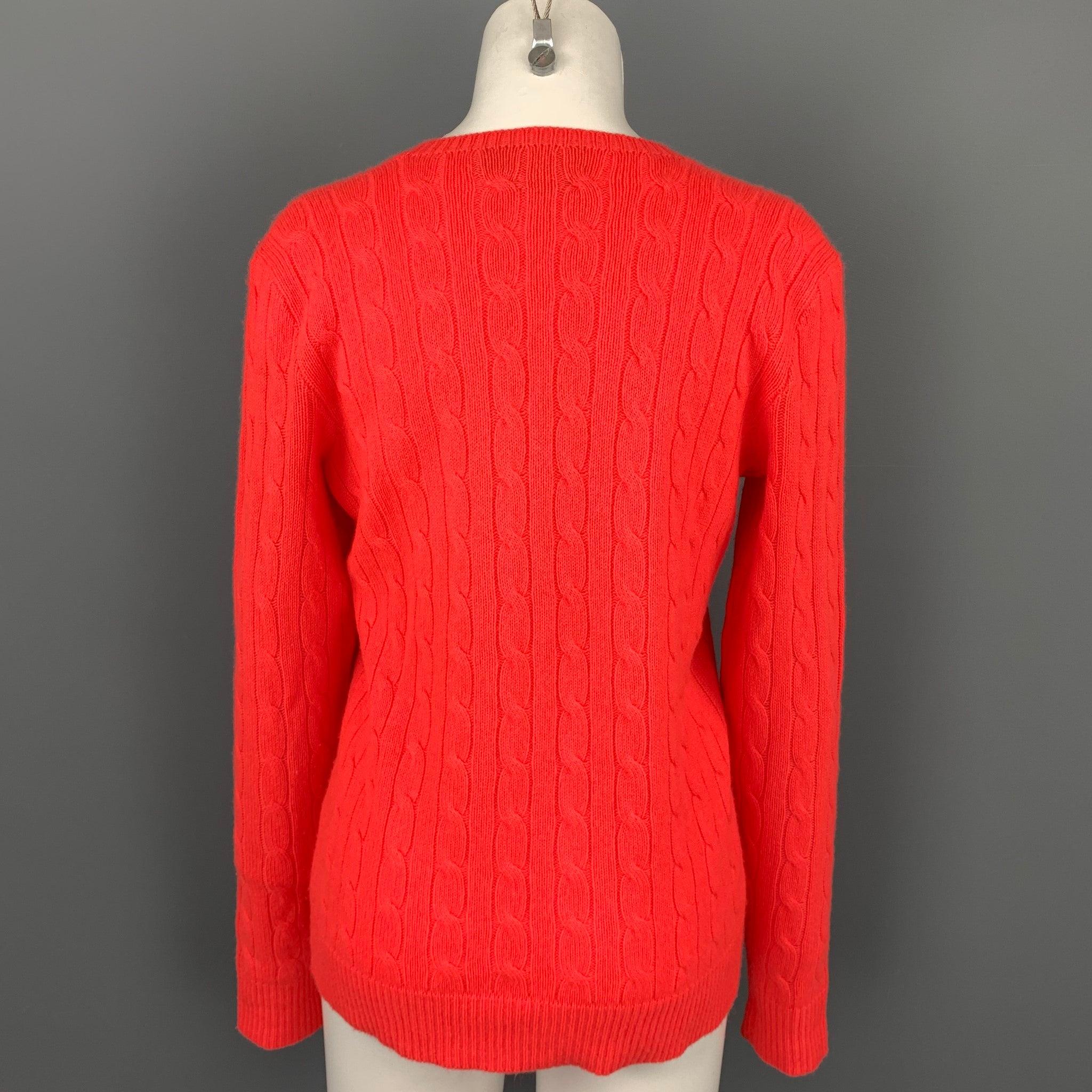 POLO by RALPH LAUREN Size M Orange Cable Knit Cashmere V-Neck Sweater In Good Condition For Sale In San Francisco, CA