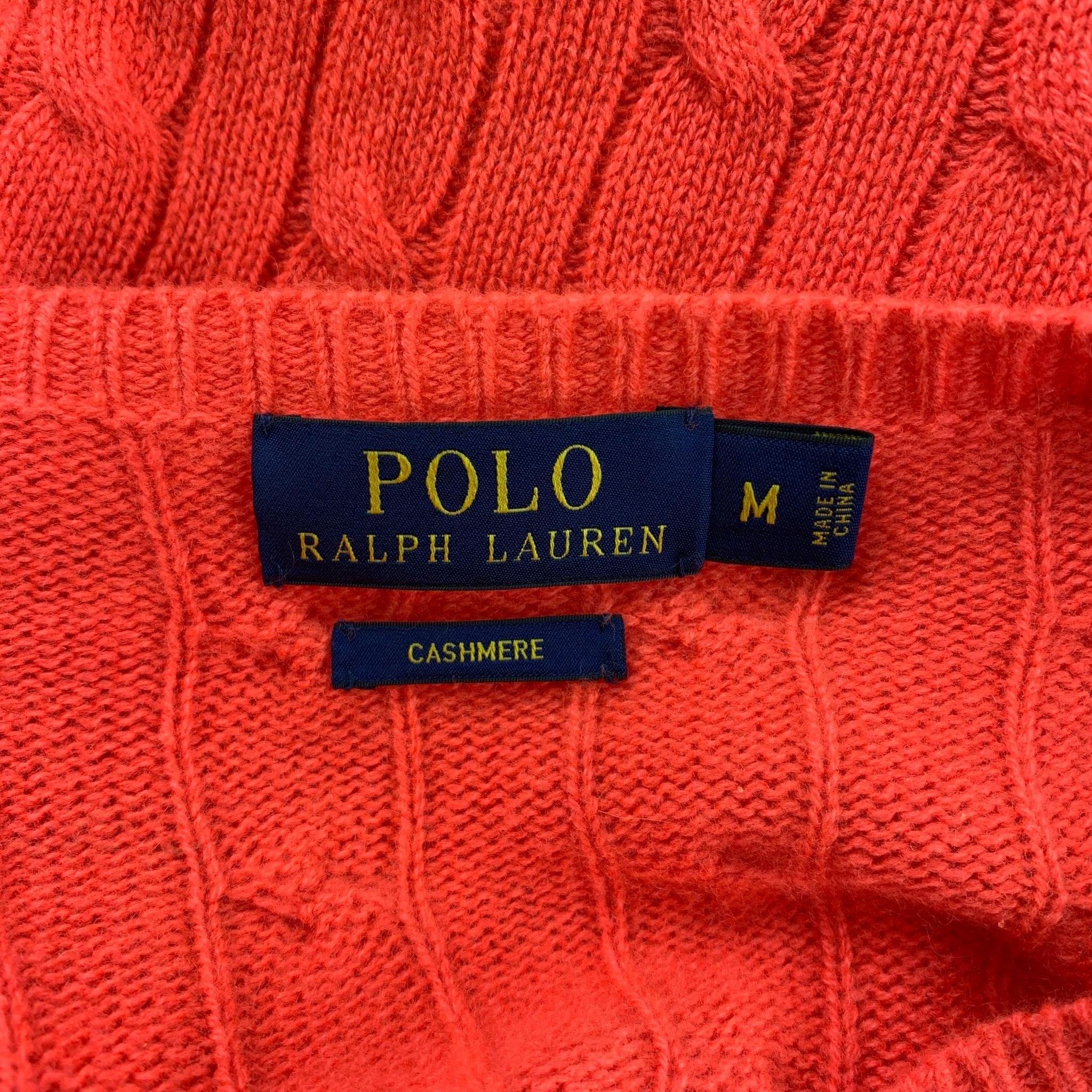 Women's POLO by RALPH LAUREN Size M Orange Cable Knit Cashmere V-Neck Sweater For Sale