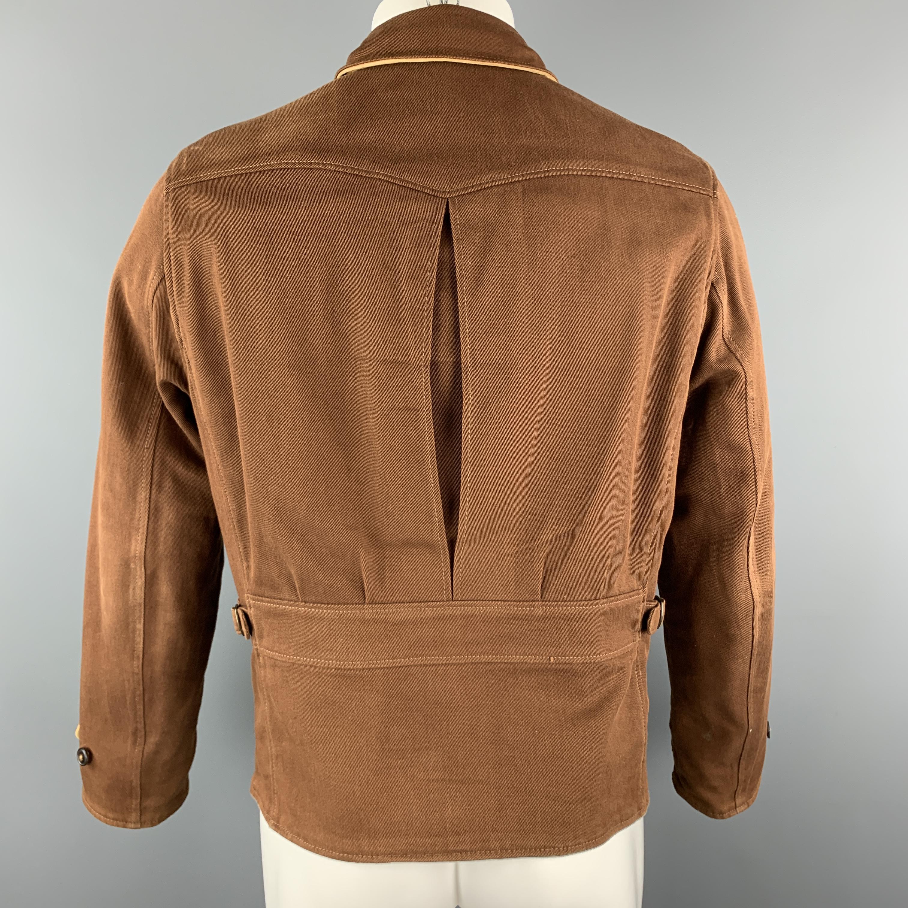 Men's POLO by RALPH LAUREN Size M Tan Distressed Leather Brown Twill Reversible Jacket