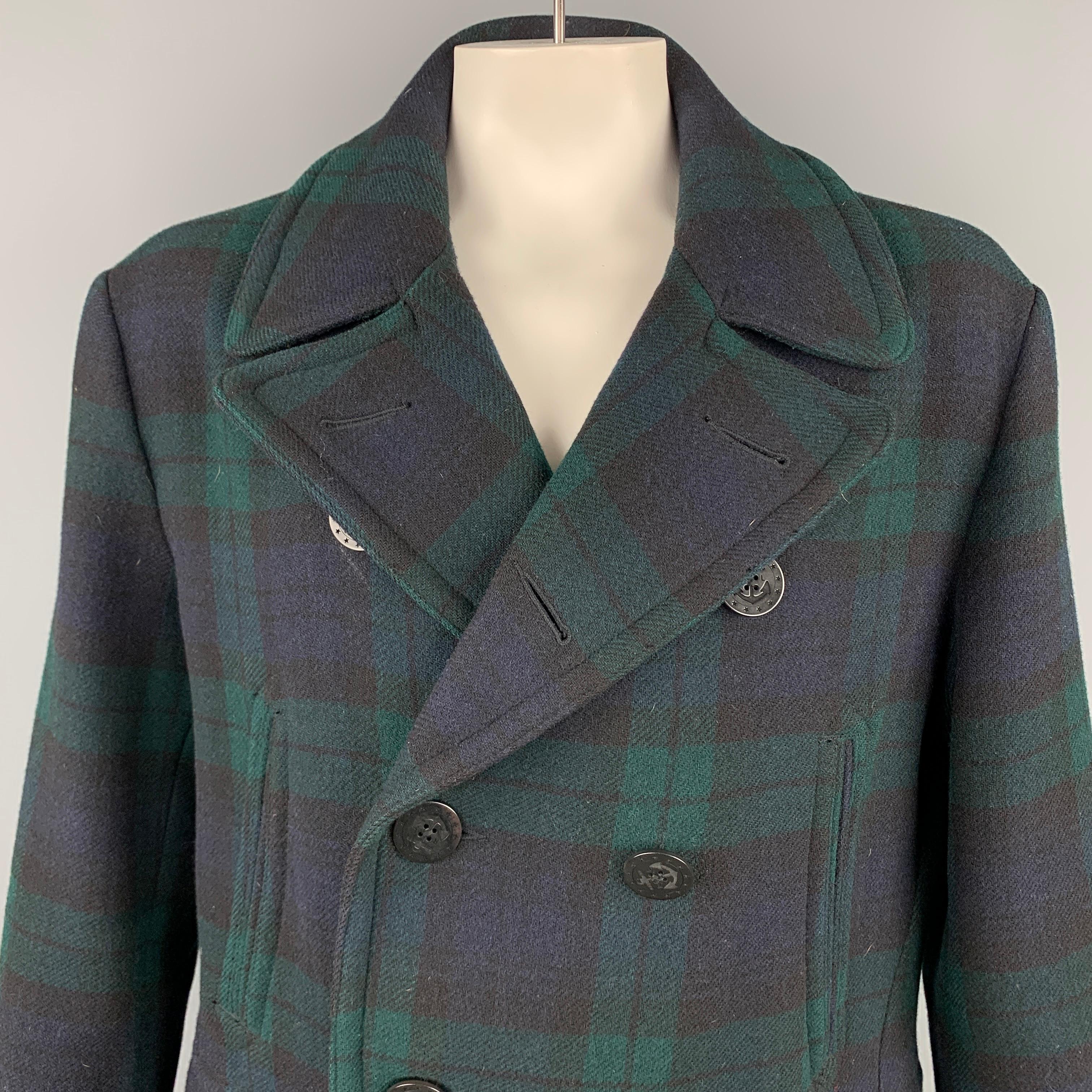POLO by RALPH LAUREN peacoat comes in a blachwatch plaid wool with no liner featuring slit pockets, flap pockets, spread collar, and a double breasted closure. 

Very Good Pre-Owned Condition.
Marked: XL

Measurements:

Shoulder: 21 in.
Chest: 48