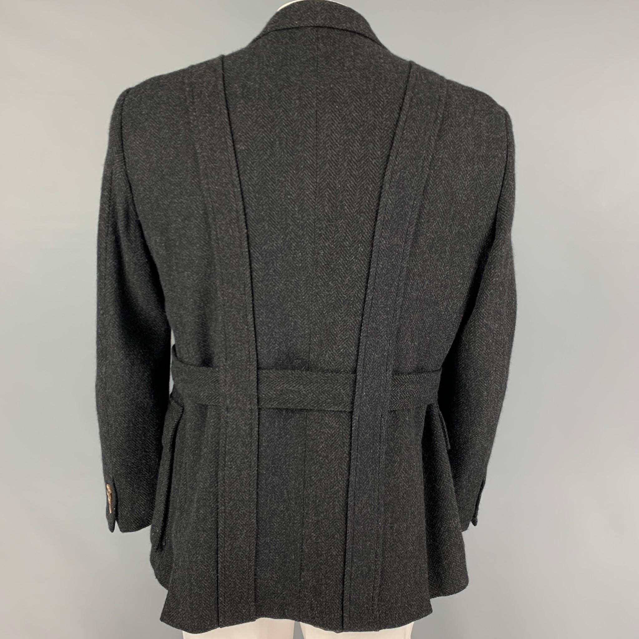 POLO by RALPH LAUREN Size XL Dark Gray Herringbone Virgin Wool Belted Coat In Good Condition In San Francisco, CA
