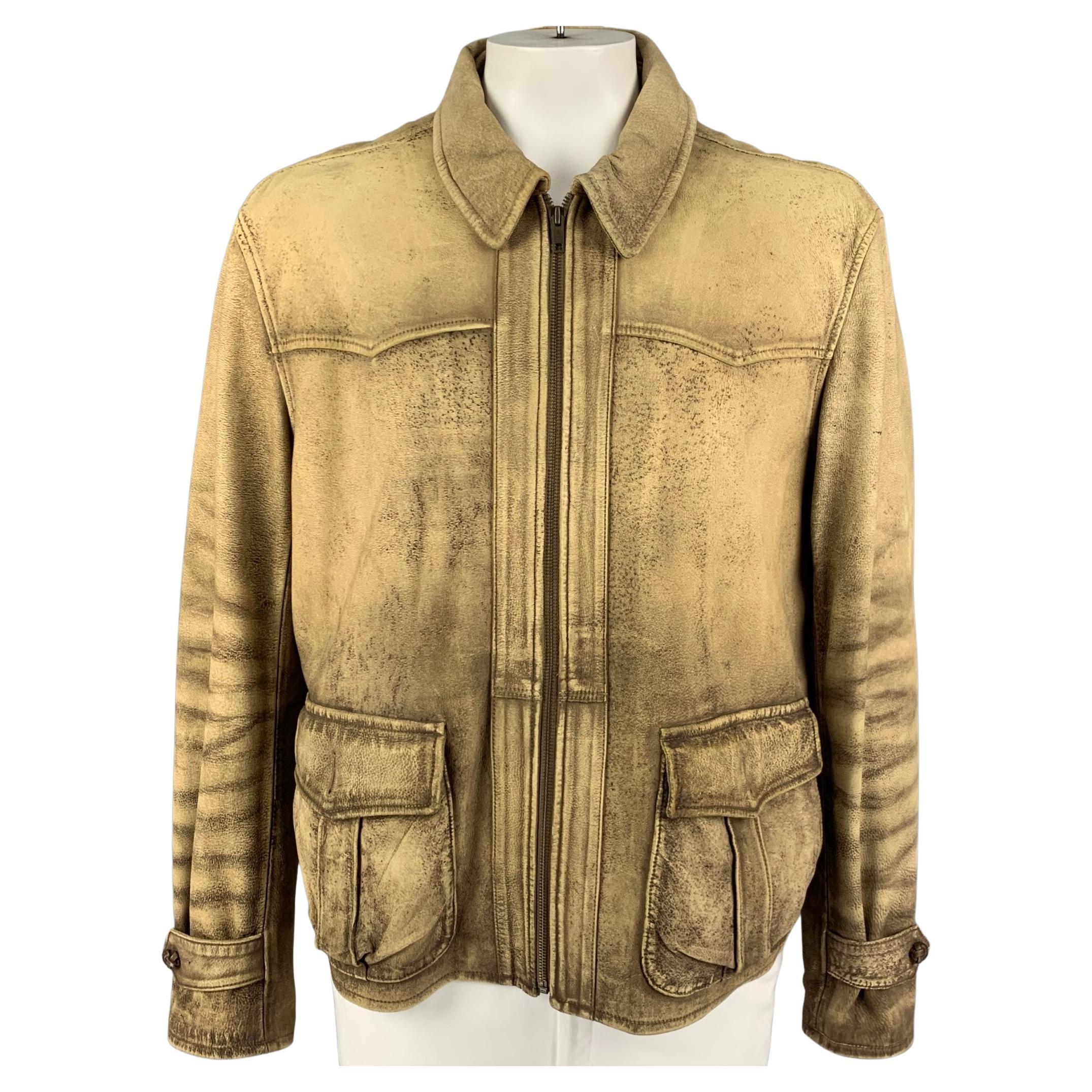 POLO by RALPH LAUREN Size XXL Tan Distressed Leather Zip Up Jacket