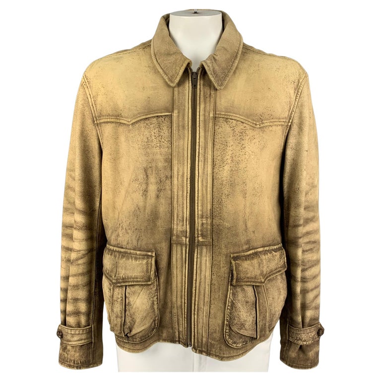 POLO by RALPH LAUREN Size XXL Tan Distressed Leather Zip Up Jacket For Sale  at 1stDibs
