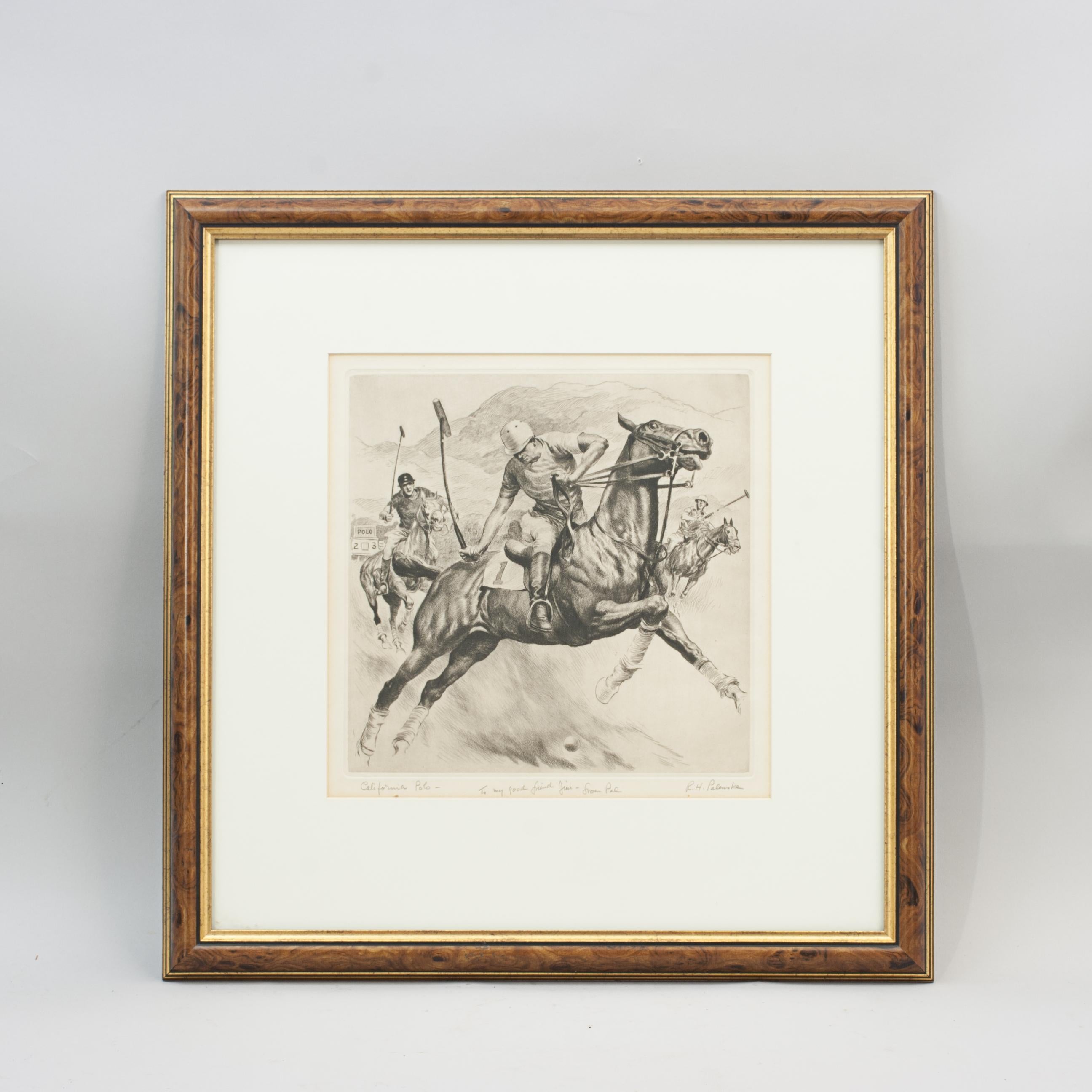 Polo de Californie Gravure.
Magnifique gravure à la pointe sèche de Polo en Amérique par l'artiste américain Reinhold H. Palenske (1884-1953). Inscrit et signé par l'artiste 