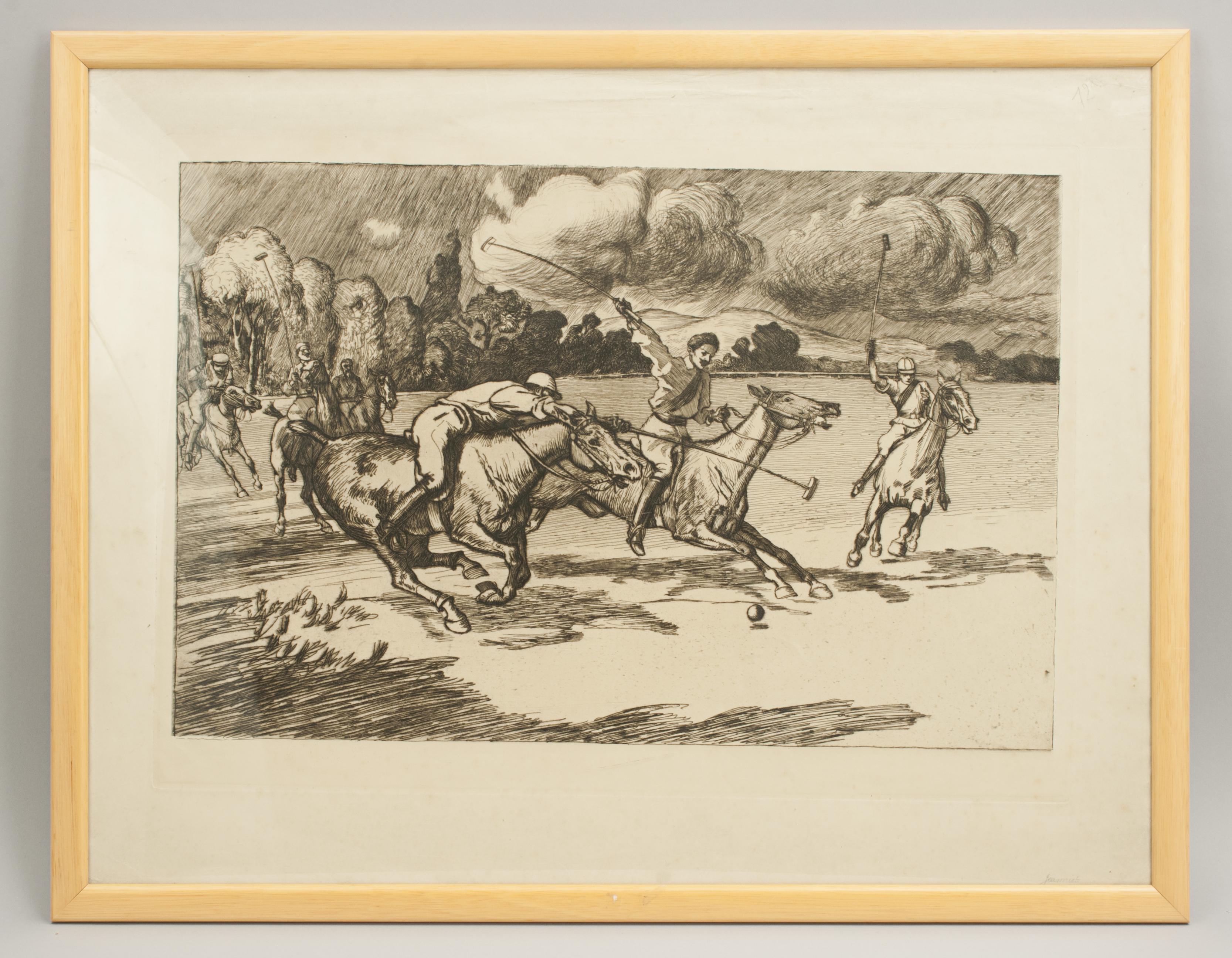 French Polo Etching, Polo Match by Pierre, Georges Jeaniott For Sale