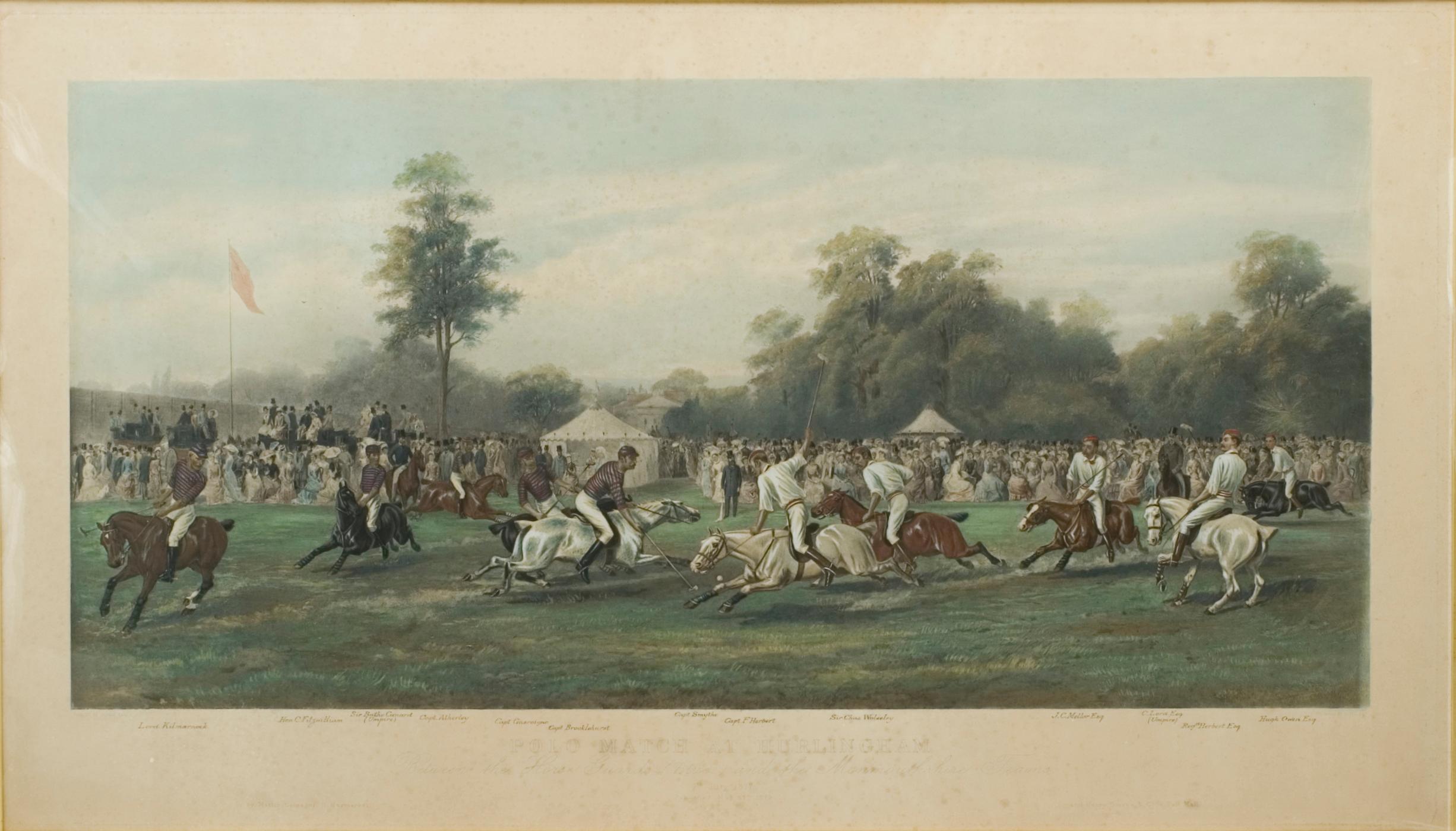 Photo de polo de Hurlingham:: match de polo de 1877 entre les équipes des Horse Guards et de Monmouthshire. 
Une photogravure vintage colorée à la main d'après la peinture originale de George Earl:: A Polo Match At Hurlingham. Le titre complet de