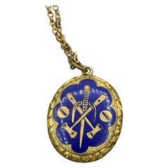 Antique Polo Locket Necklace Blue Enamel Art Deco Polo Mallet Ball