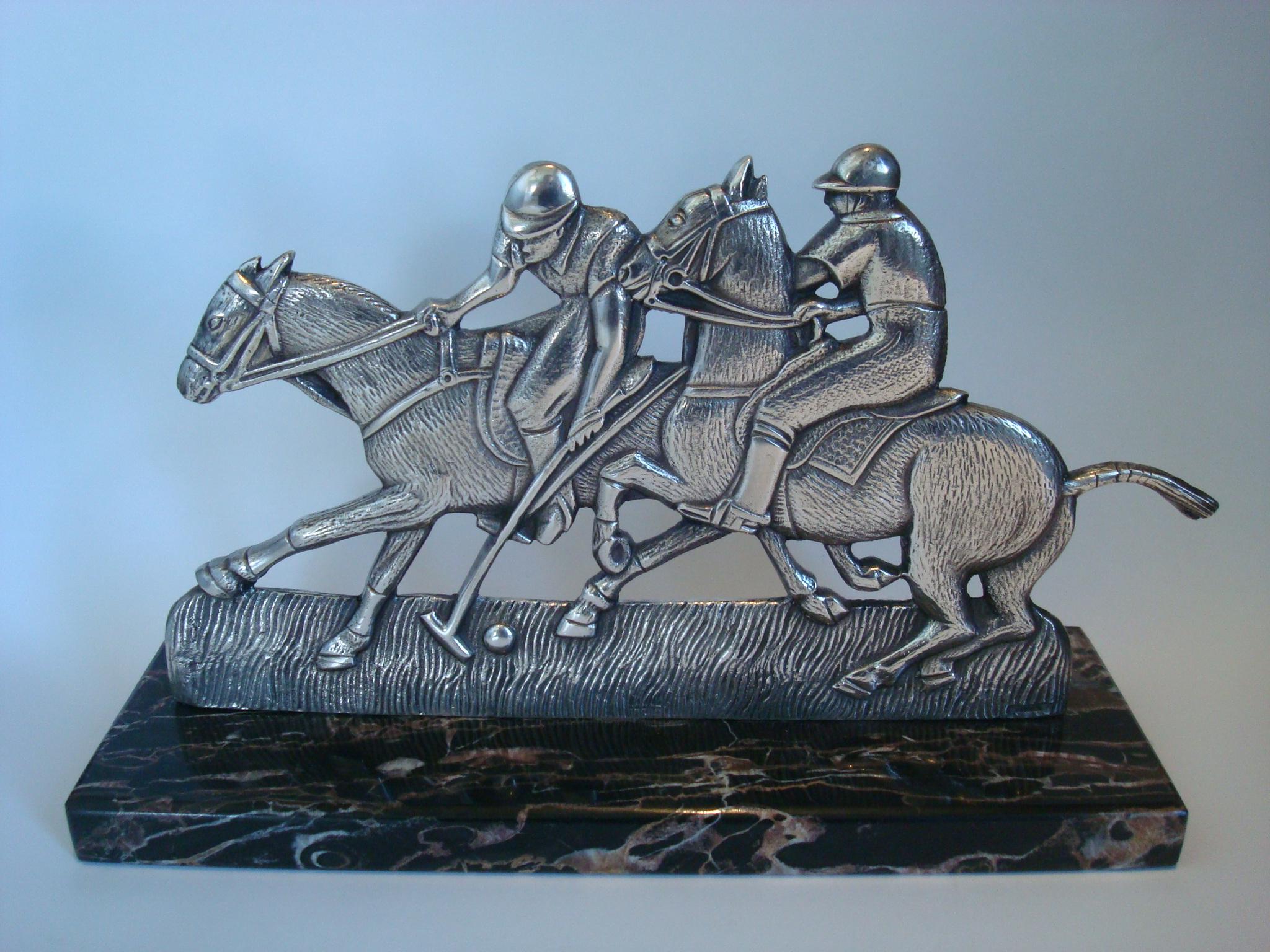 Silvered Polo Match Scene Bronze Sculpture, France, 1920´s For Sale