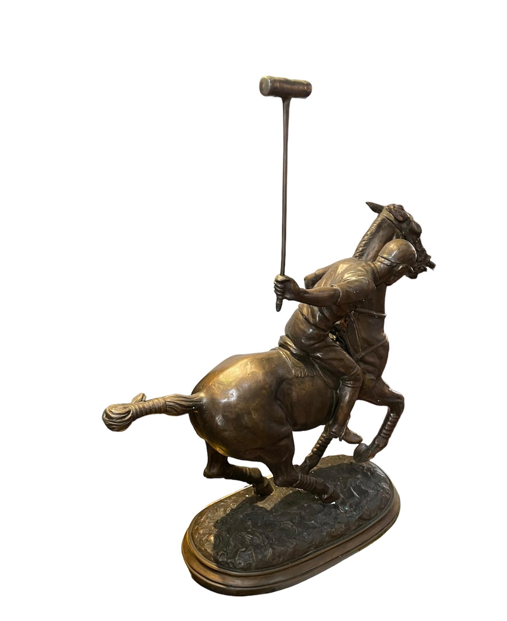 20th Century Polo Player Riding Pony Bronze Sculpture