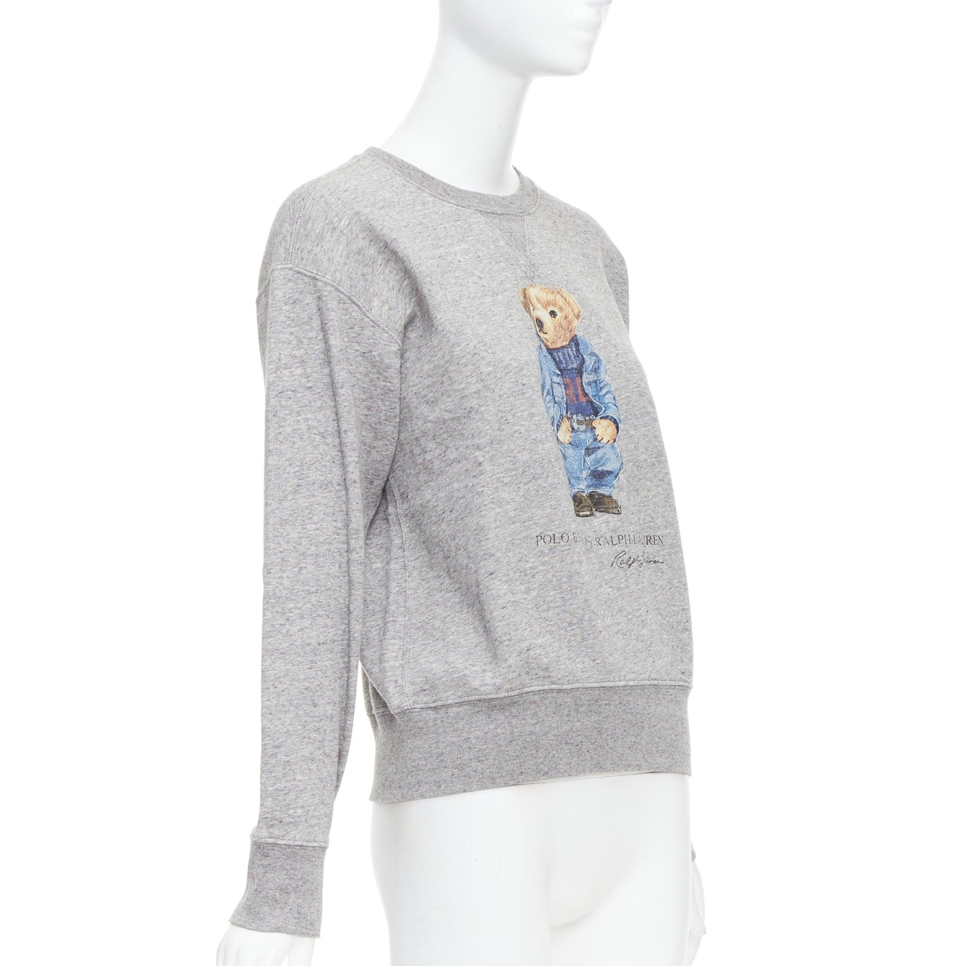 Gray POLO RALPH LAUREN Andover Heather Denim Bear print crew sweat pullover S