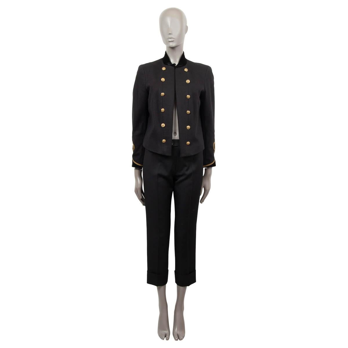 100% authentic Polo Ralph Lauren soutache trim blazer jacket is tailored from cotton (62%) and wool (38%). This surplus-inspired blazer is slightly cropped and adorned with gold-tone eagle-engraved buttons and metallic braided soutache trim in