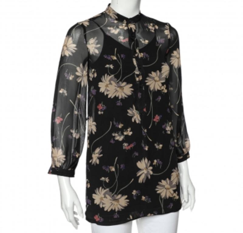 Polo Ralph Lauren Schwarze bedruckte Chiffon-Tunika mit Blumendruck M Damen im Angebot