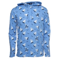 Polo Ralph Lauren Blaues All-Over-Pullovershirt aus Baumwolle mit Kapuze und Yacht-Druck S