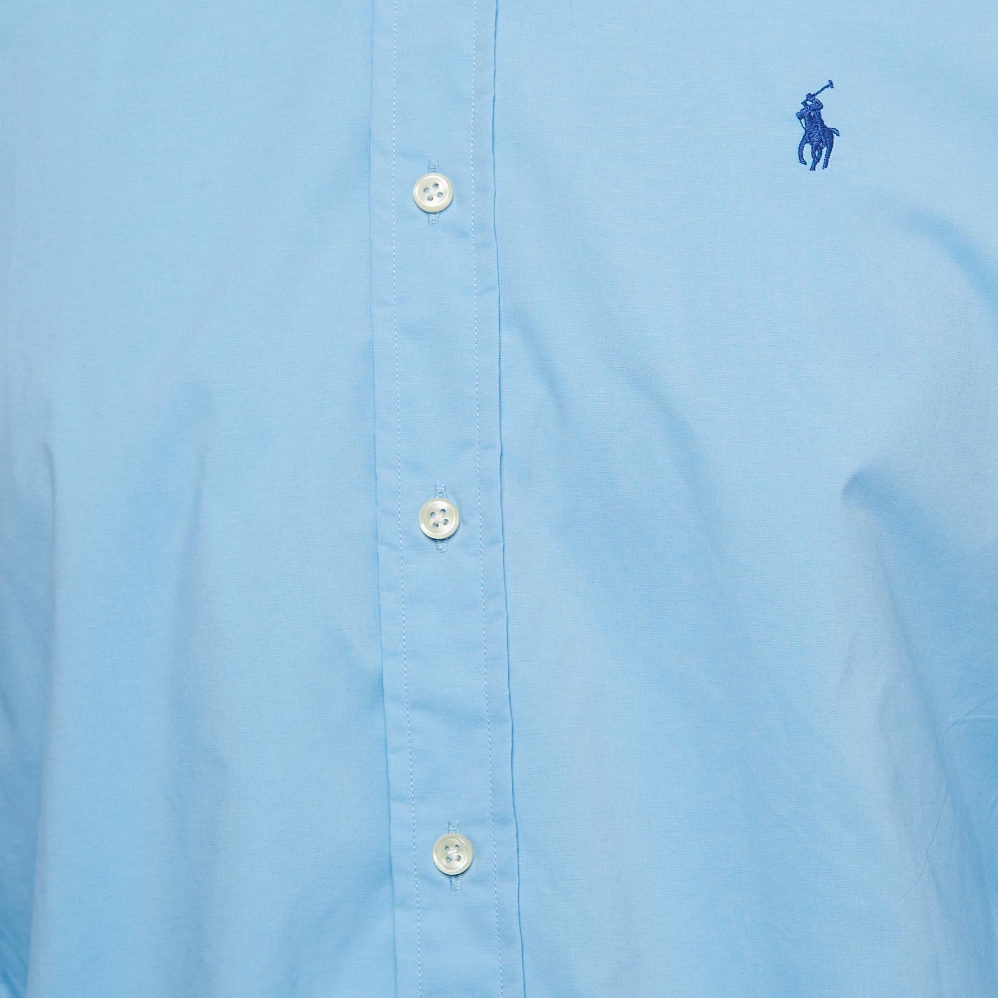 Polo Ralph Lauren Blue Logo Embroidered Poplin Slim Fit Shirt S In Excellent Condition For Sale In Dubai, Al Qouz 2