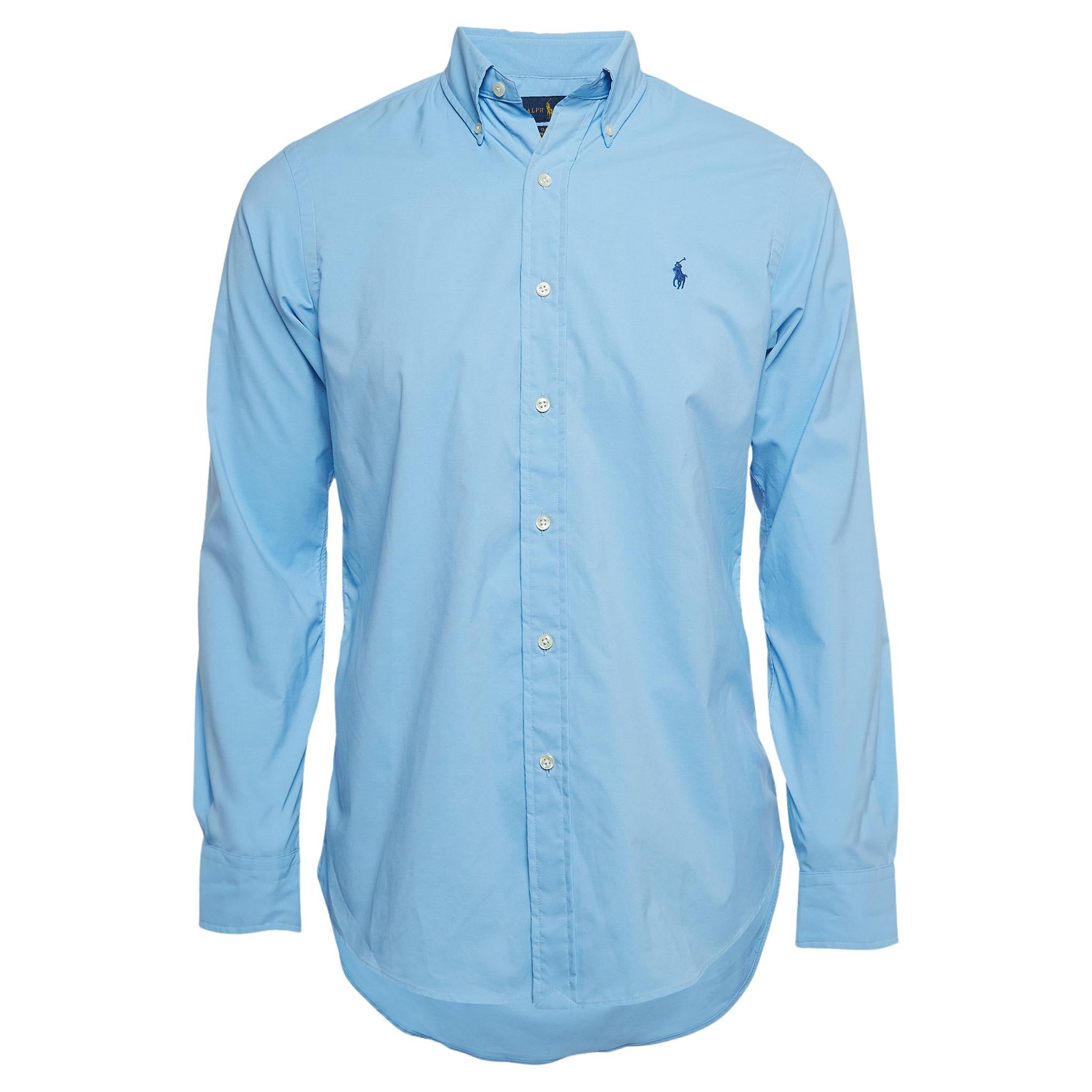 Polo Ralph Lauren Blaues besticktes Hemd aus Poplin mit Logo und Slim Fit S im Angebot