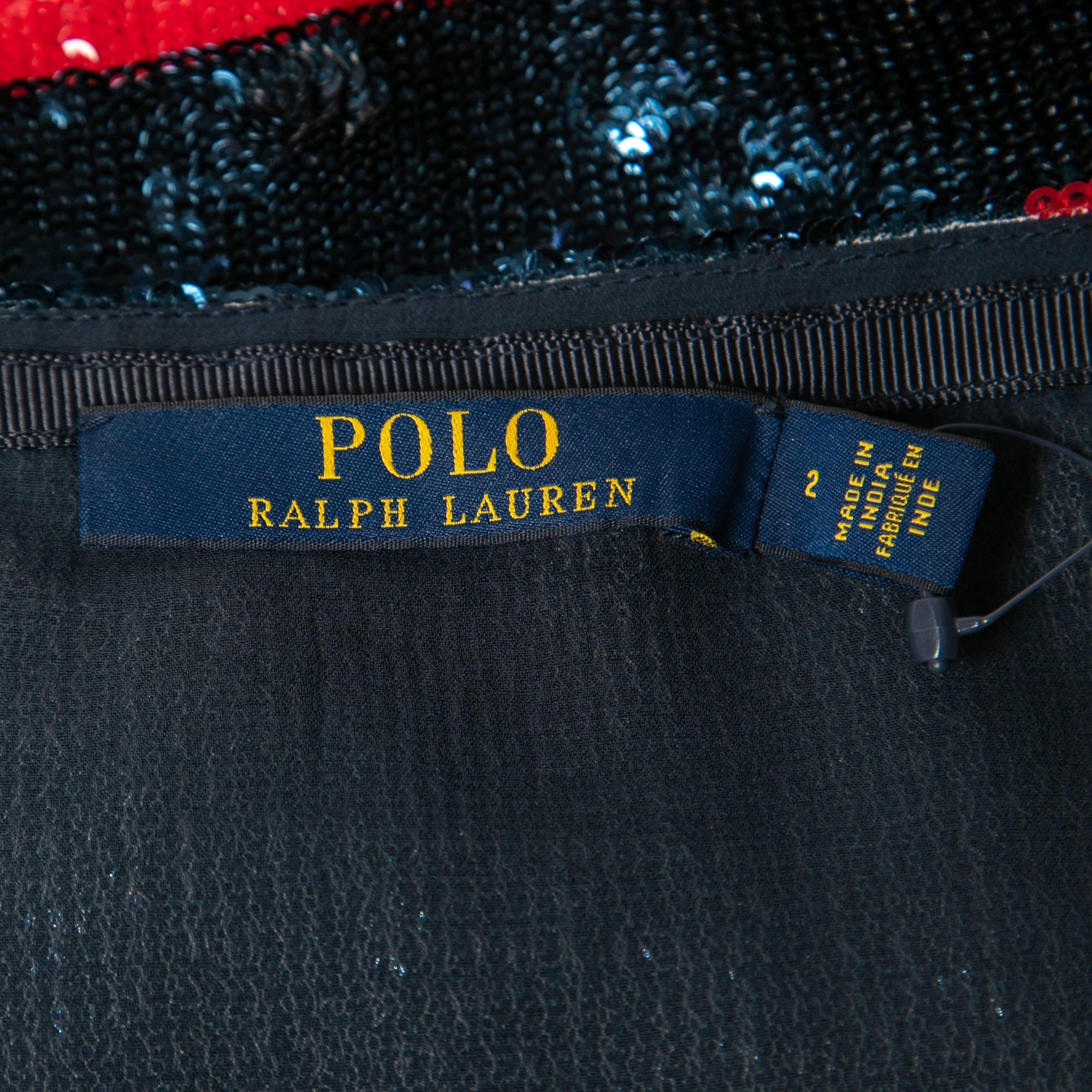 Polo Ralph Lauren Blue/Red Colorblock Sequined Mini Skirt S For Sale 1